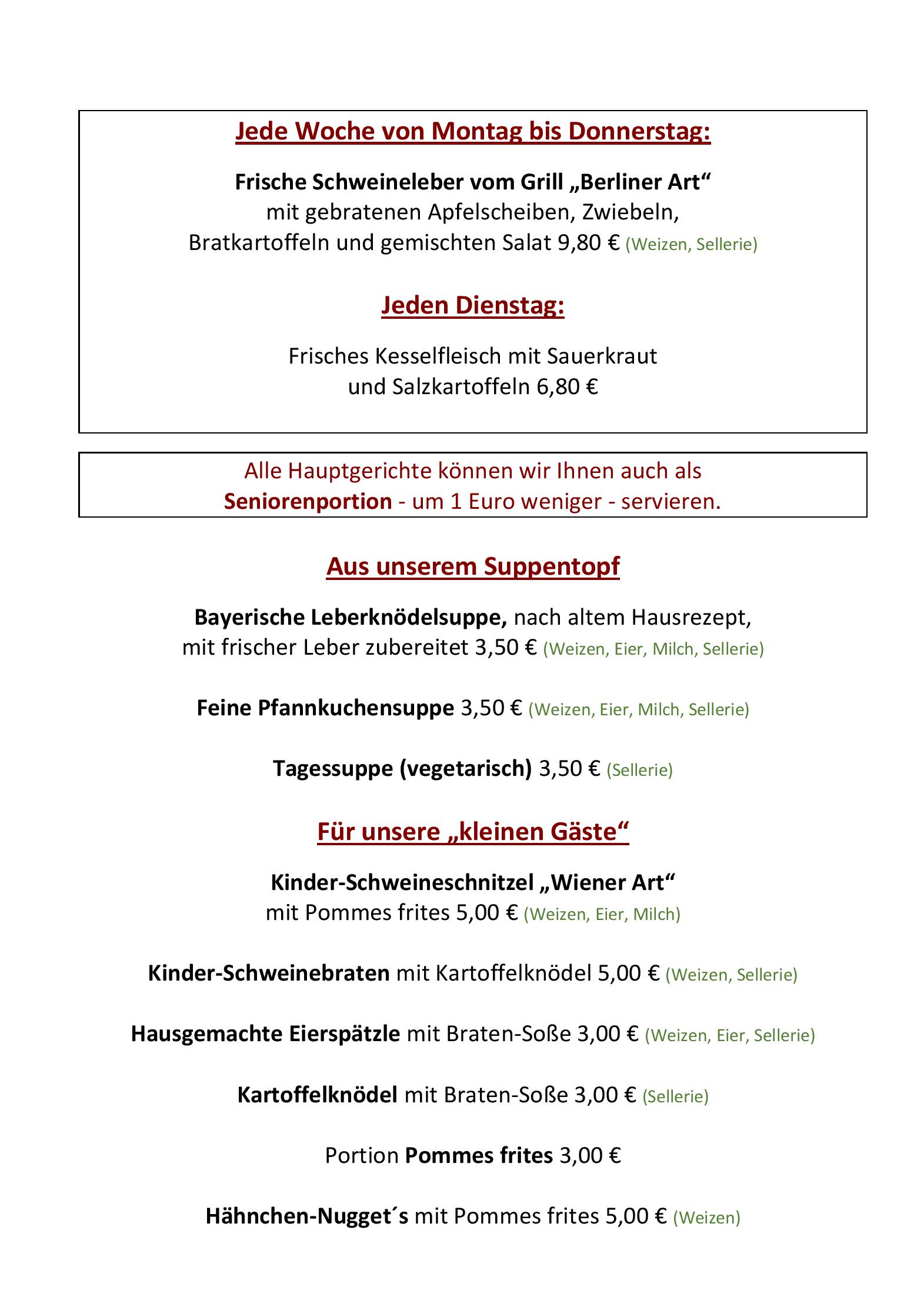 Speisekarte Landgasthof Euringer in Beilngries, Seite 2