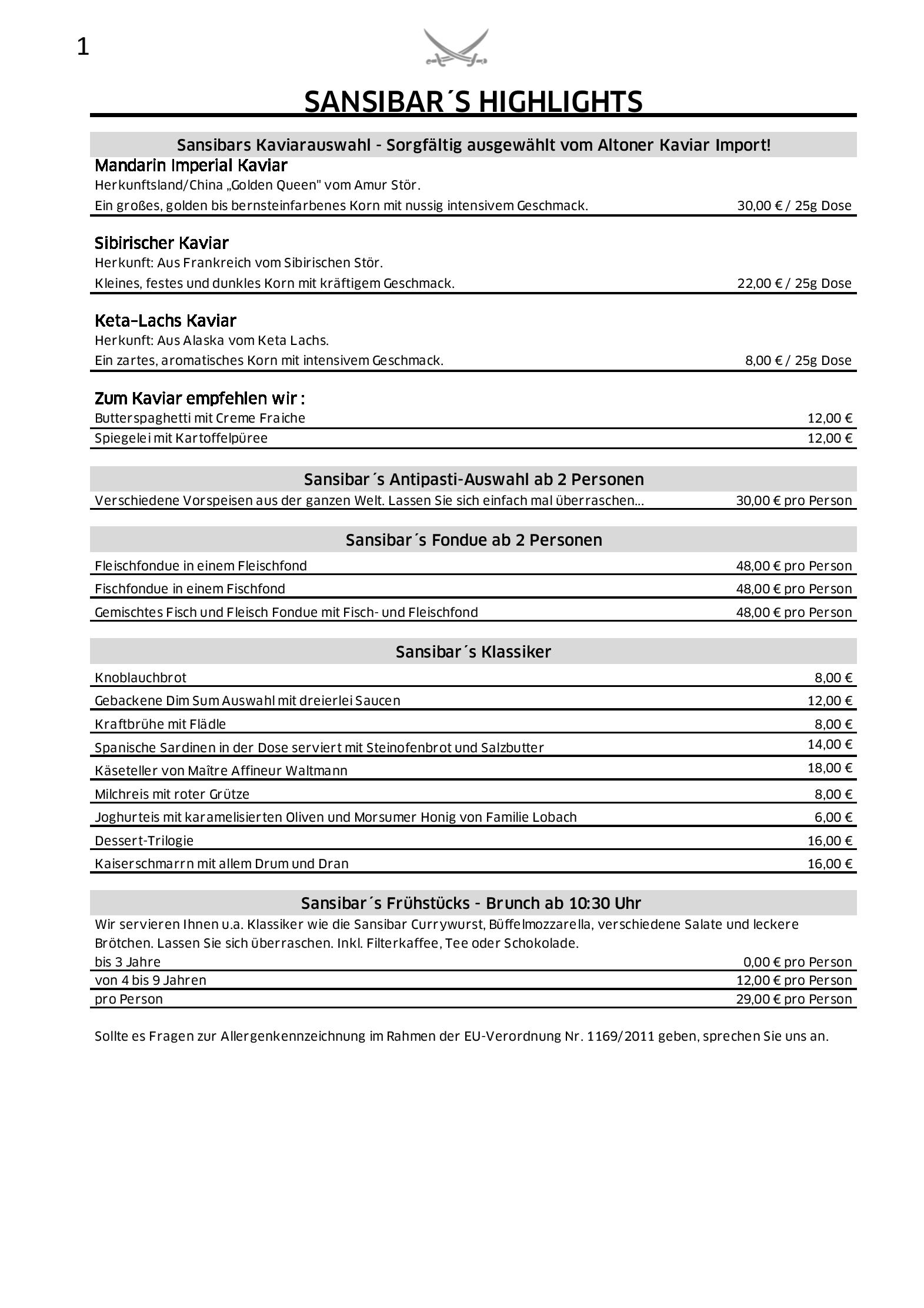 Speisekarte Sansibar in Rantum, Seite 1