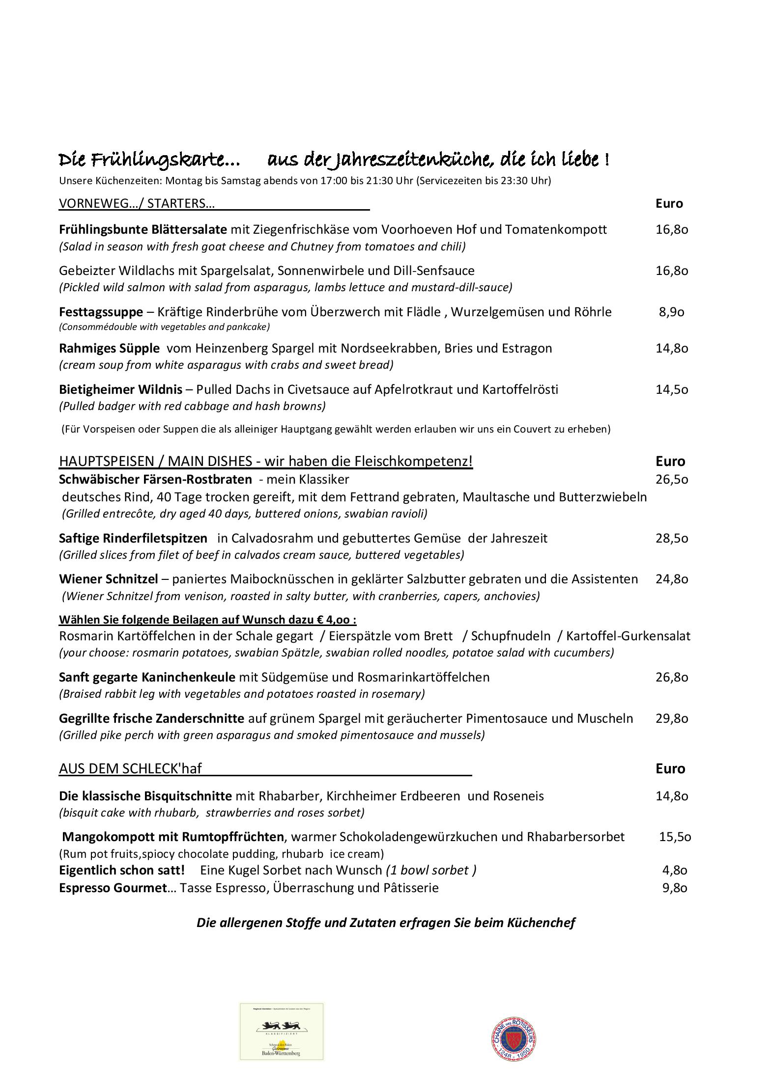 Speisekarte Romantik Hotel Friedrich von Schiller in Bietigheim-Bissingen, Seite 1