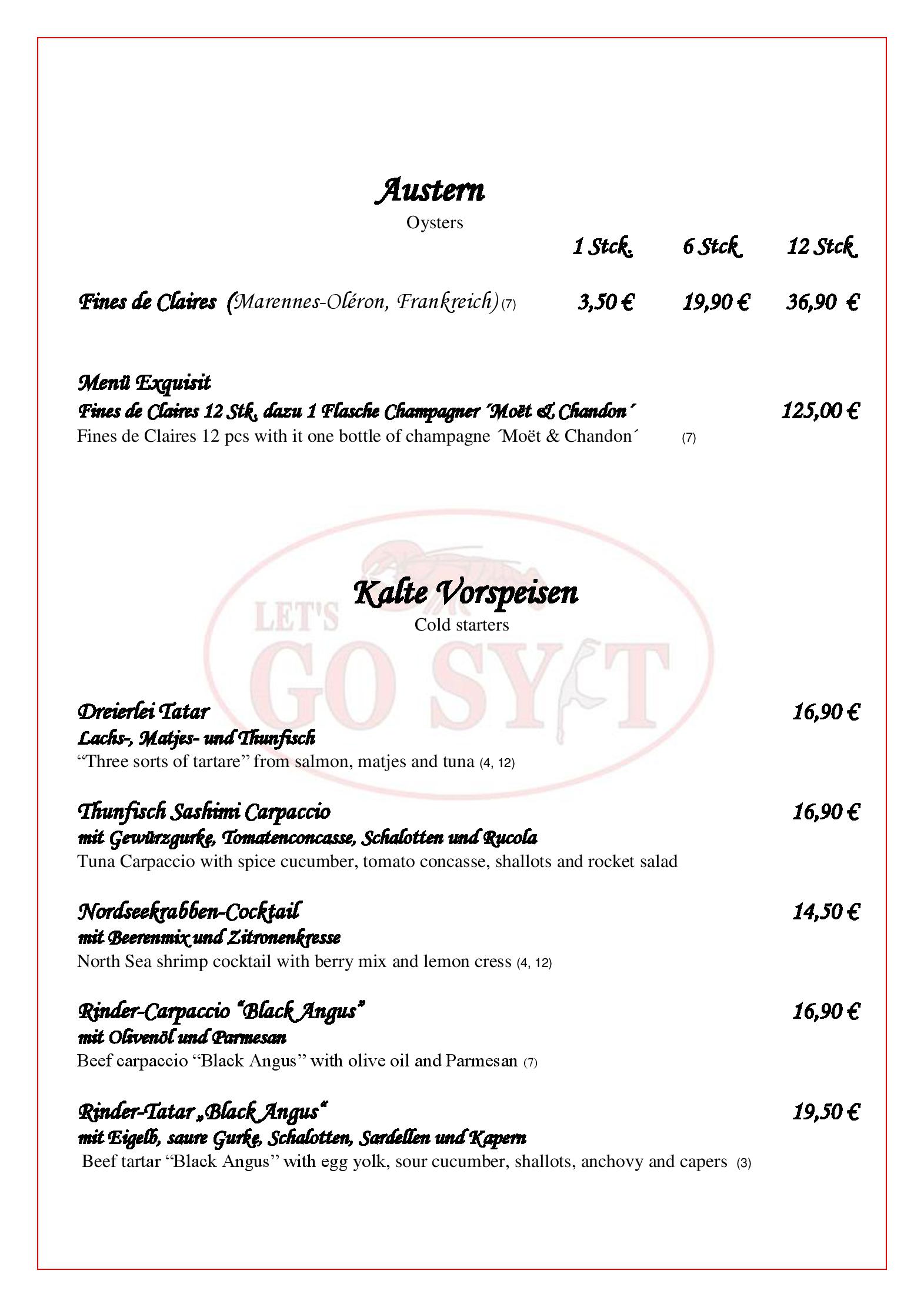 Speisekarte Lets go Sylt in Berlin, Seite 1