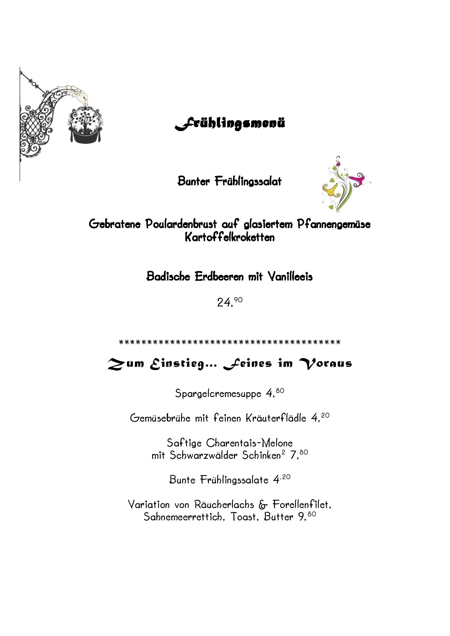 Speisekarte Hotel Restaurant Lindenhof in Bräunlingen, Seite 1