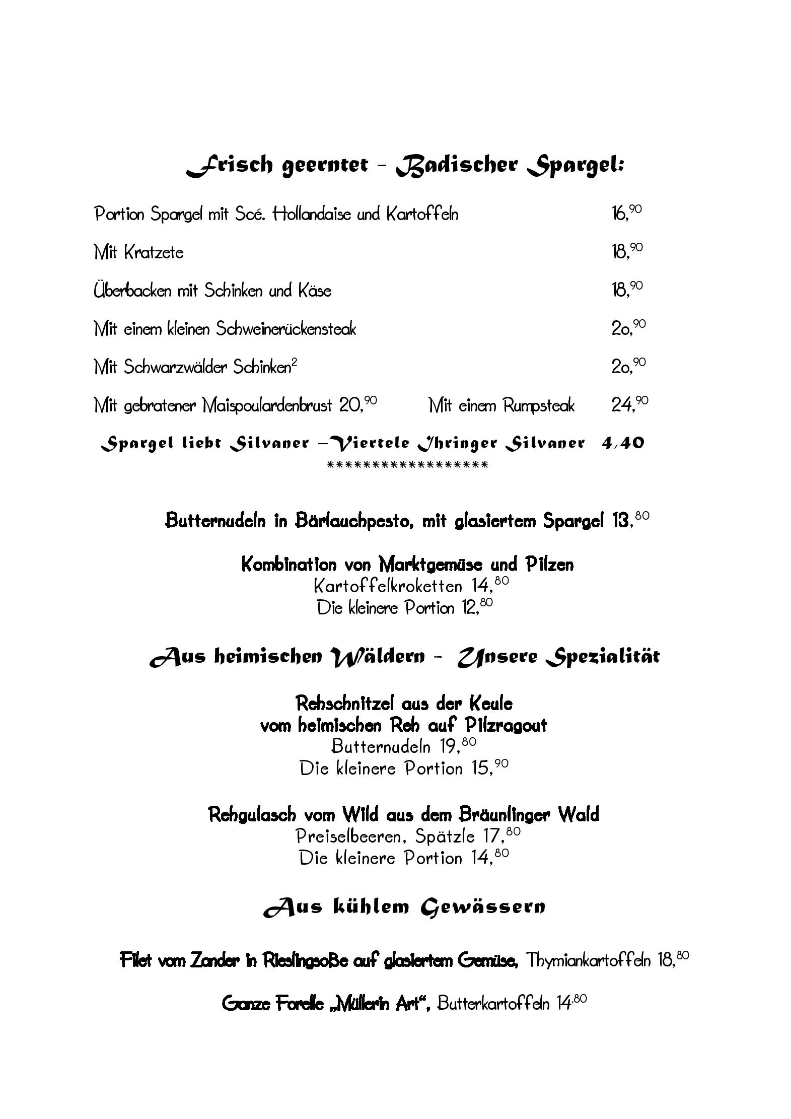Speisekarte Hotel Restaurant Lindenhof in Bräunlingen, Seite 2