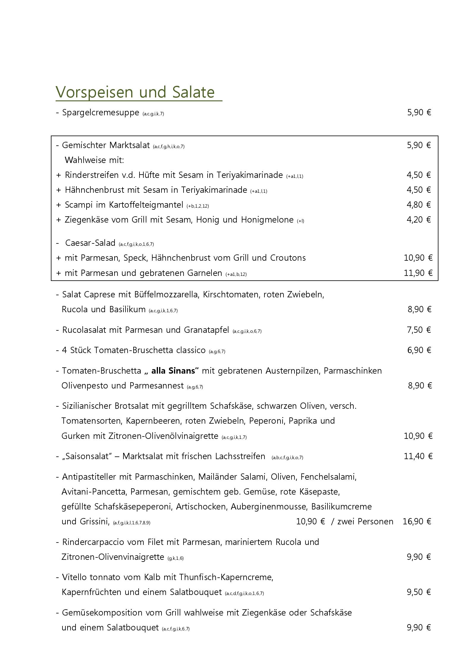 Speisekarte Sinans in München, Seite 1