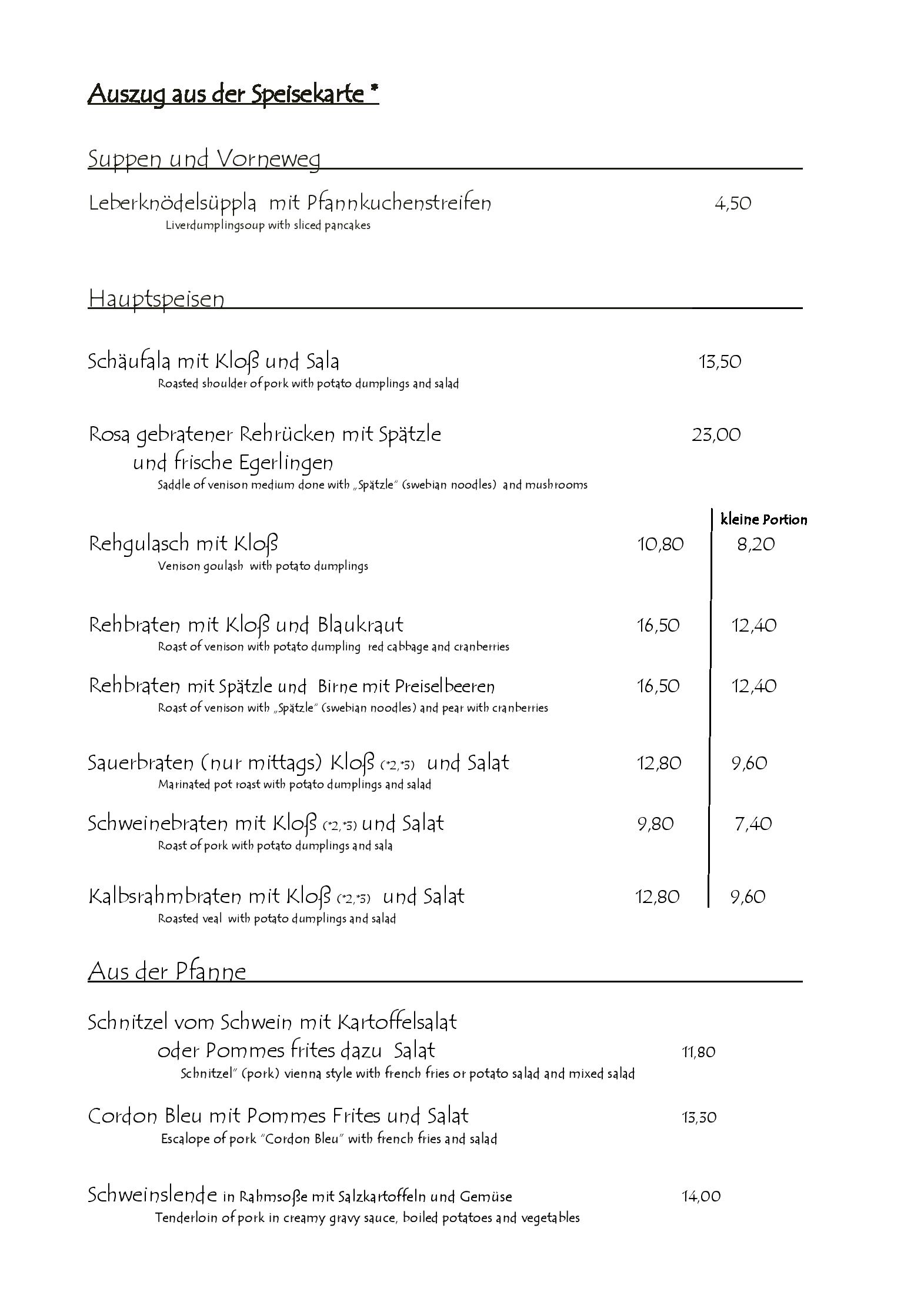 Speisekarte Berg Gasthof Hötzelein in Kunreuth, Seite 1