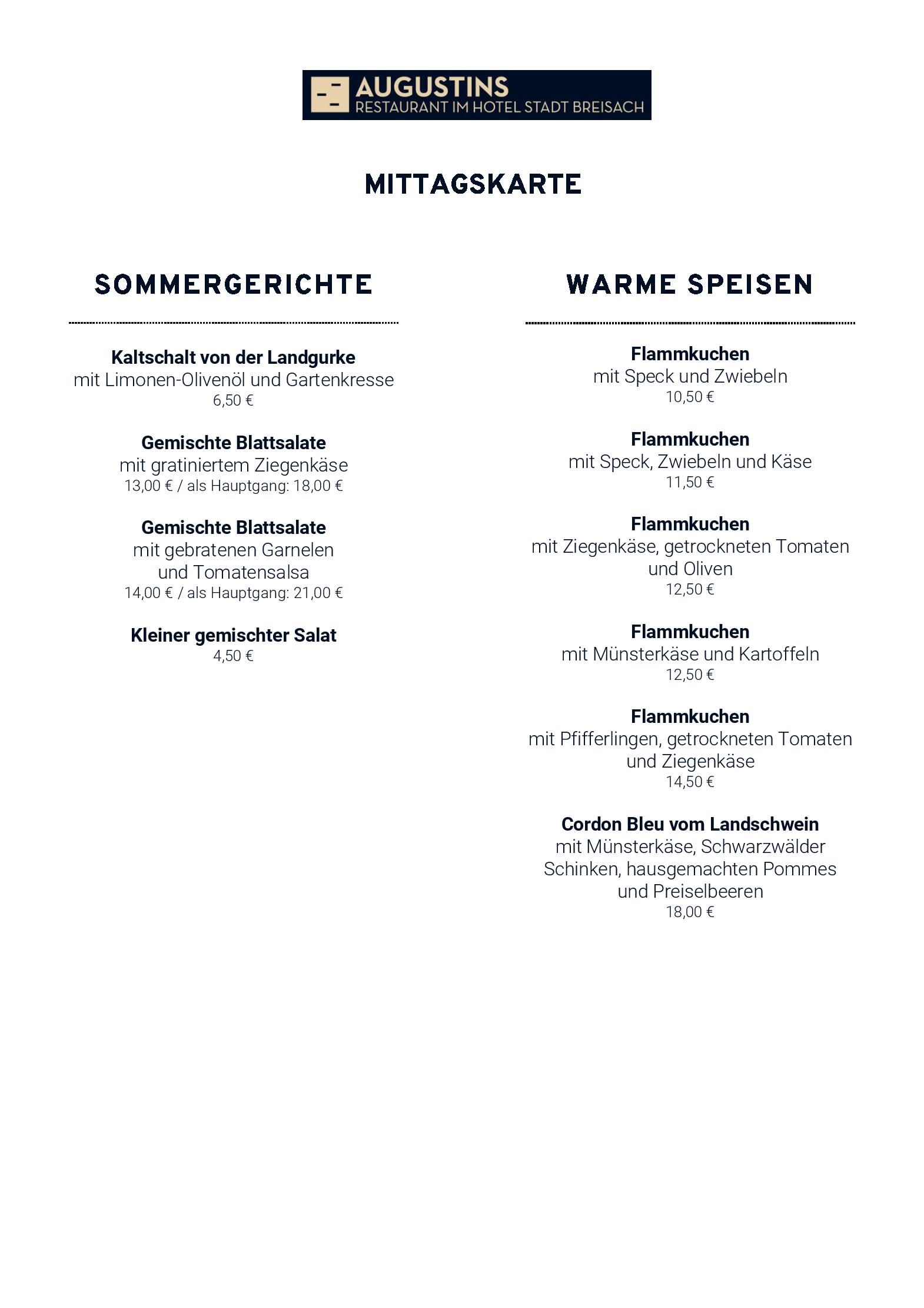 Speisekarte Augustins (Restaurant im Hotel Stadt Breisach) in Breisach am Rhein, Seite 1