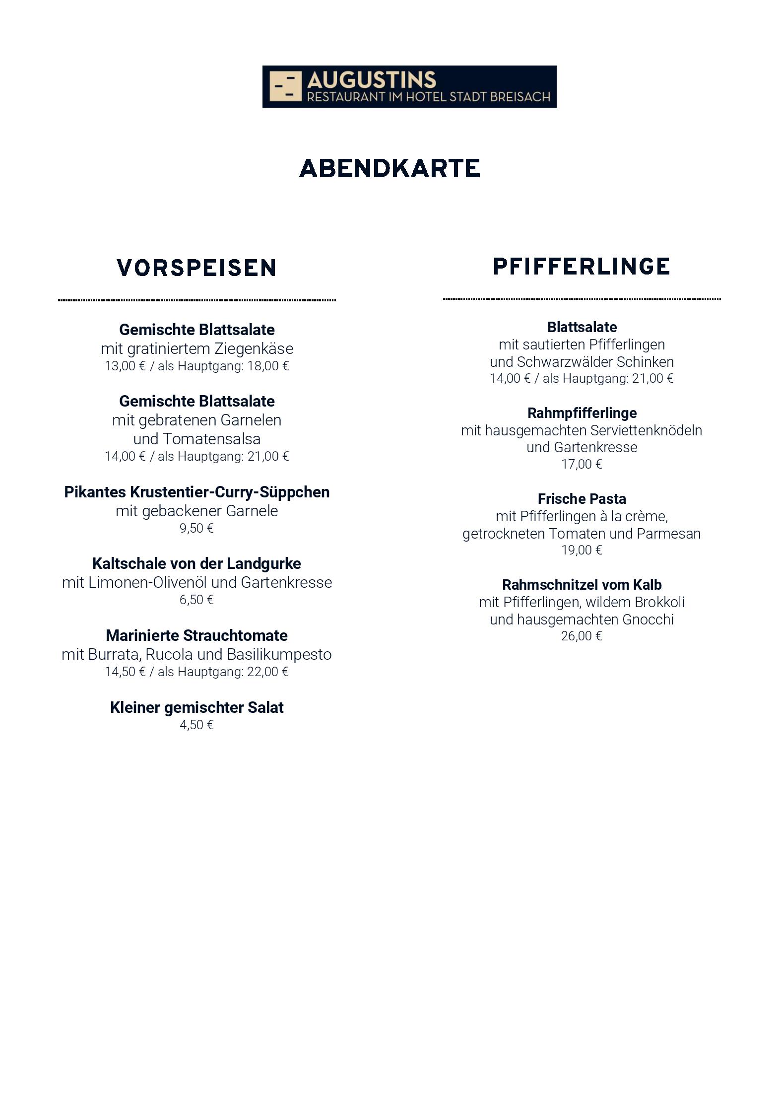 Speisekarte Augustins (Restaurant im Hotel Stadt Breisach) in Breisach am Rhein, Seite 2