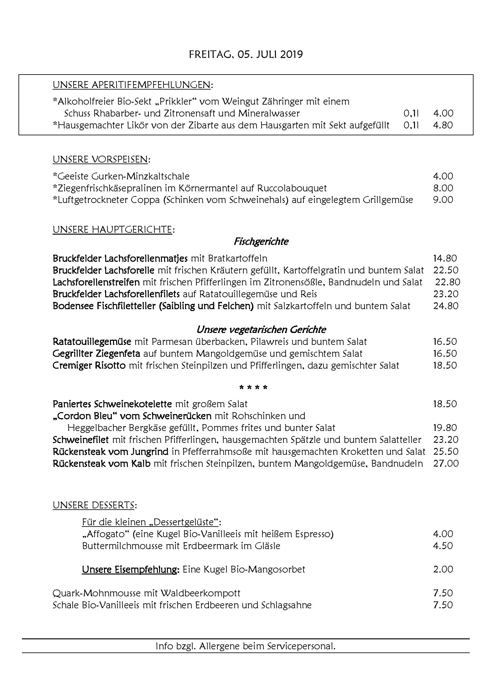 Speisekarte Landgasthof Keller in Überlingen, Seite 1