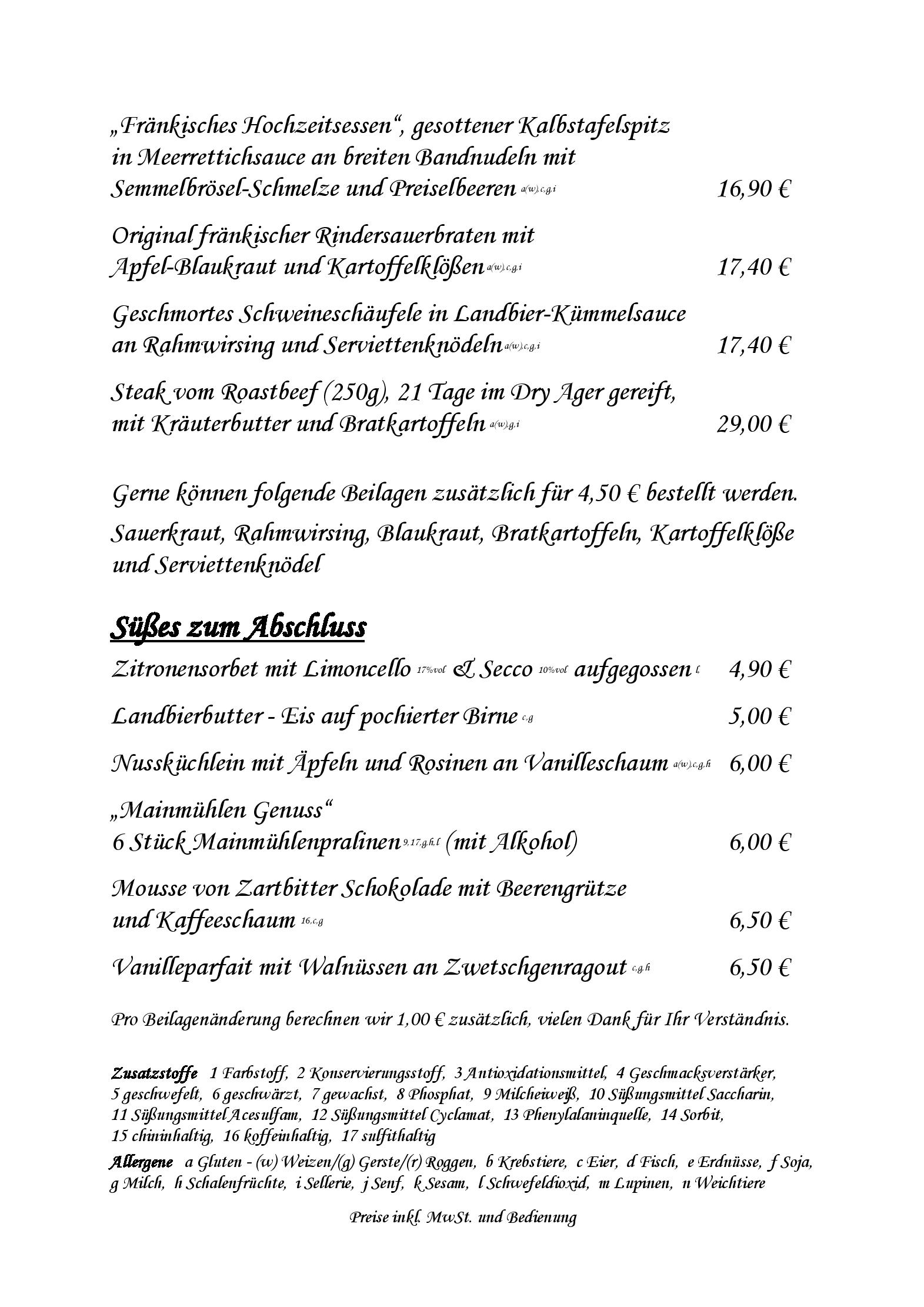 Speisekarte Alte Mainmühle in Würzburg, Seite 4