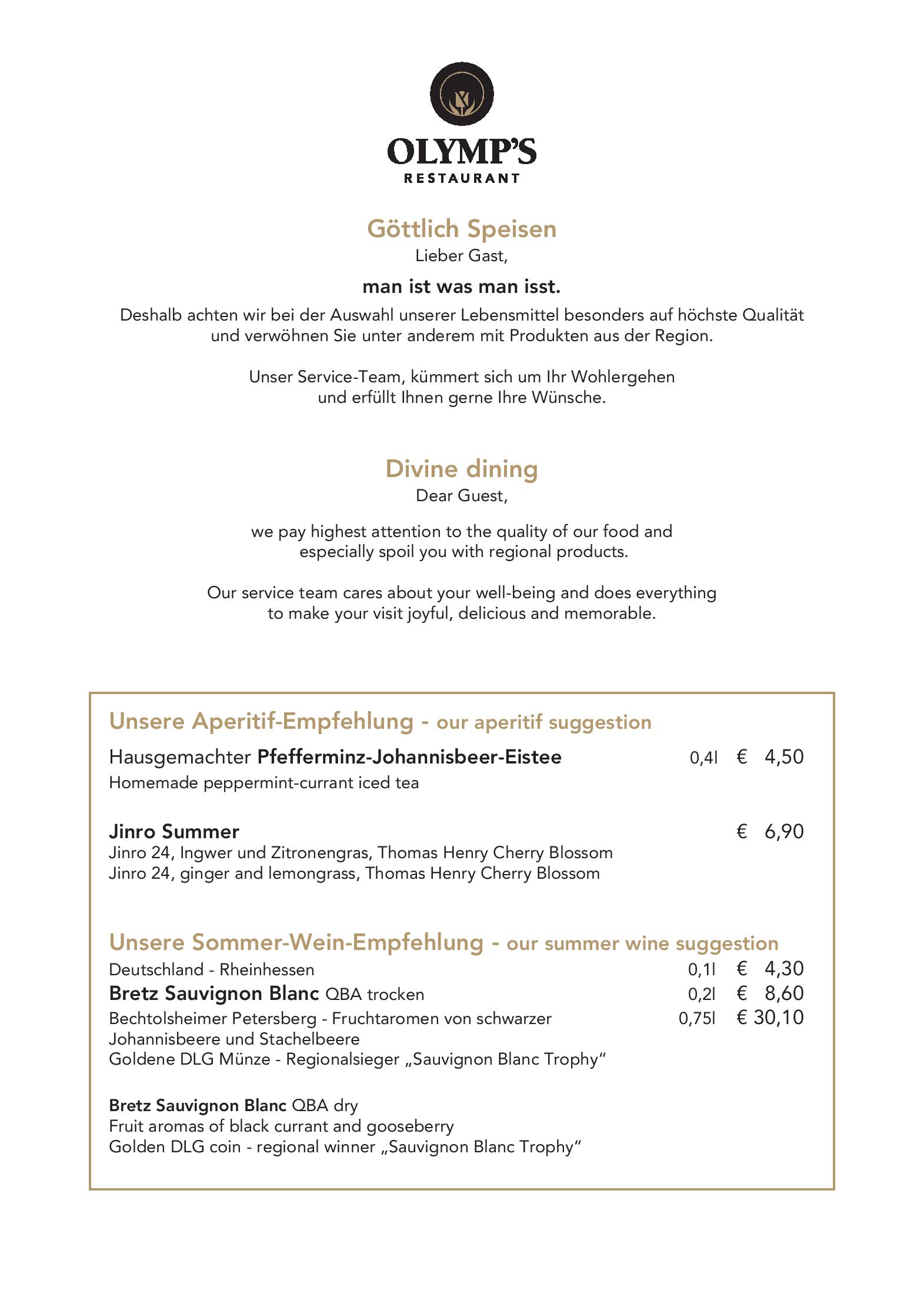 Speisekarte Olymp´s Restaurant in Eching, Seite 1