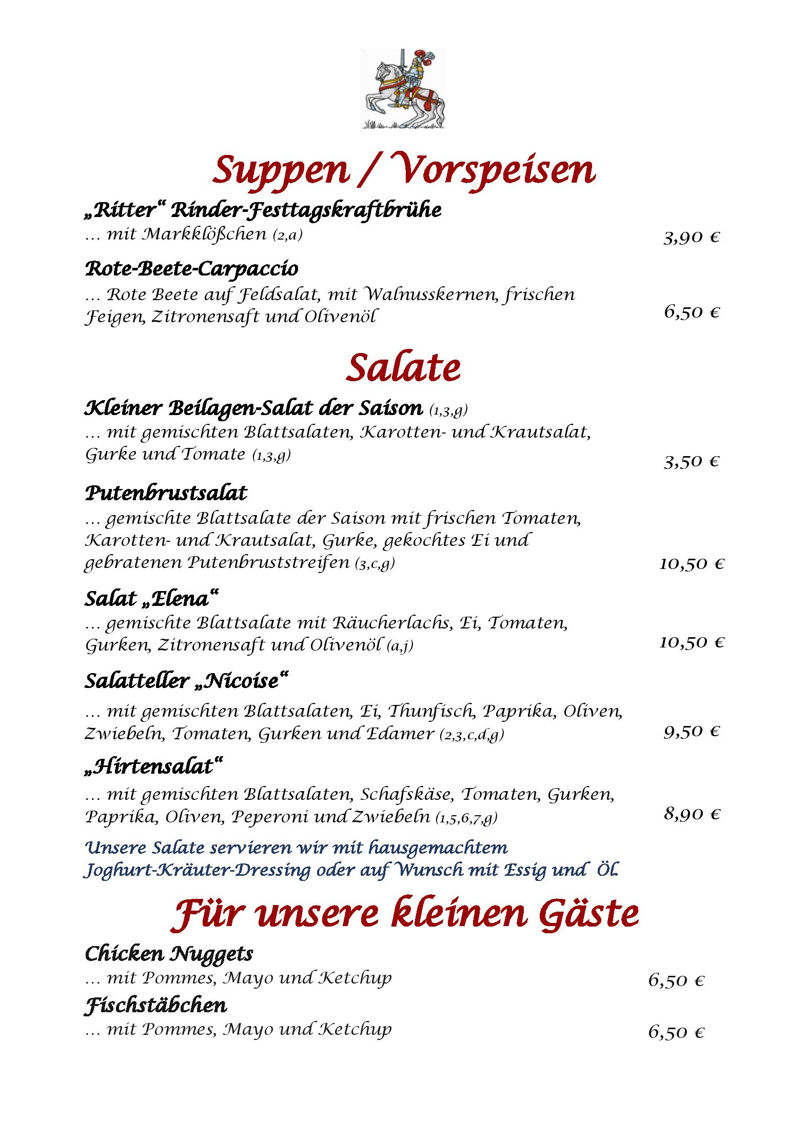 Speisekarte Zum goldenen Ritter in Budenheim, Seite 1