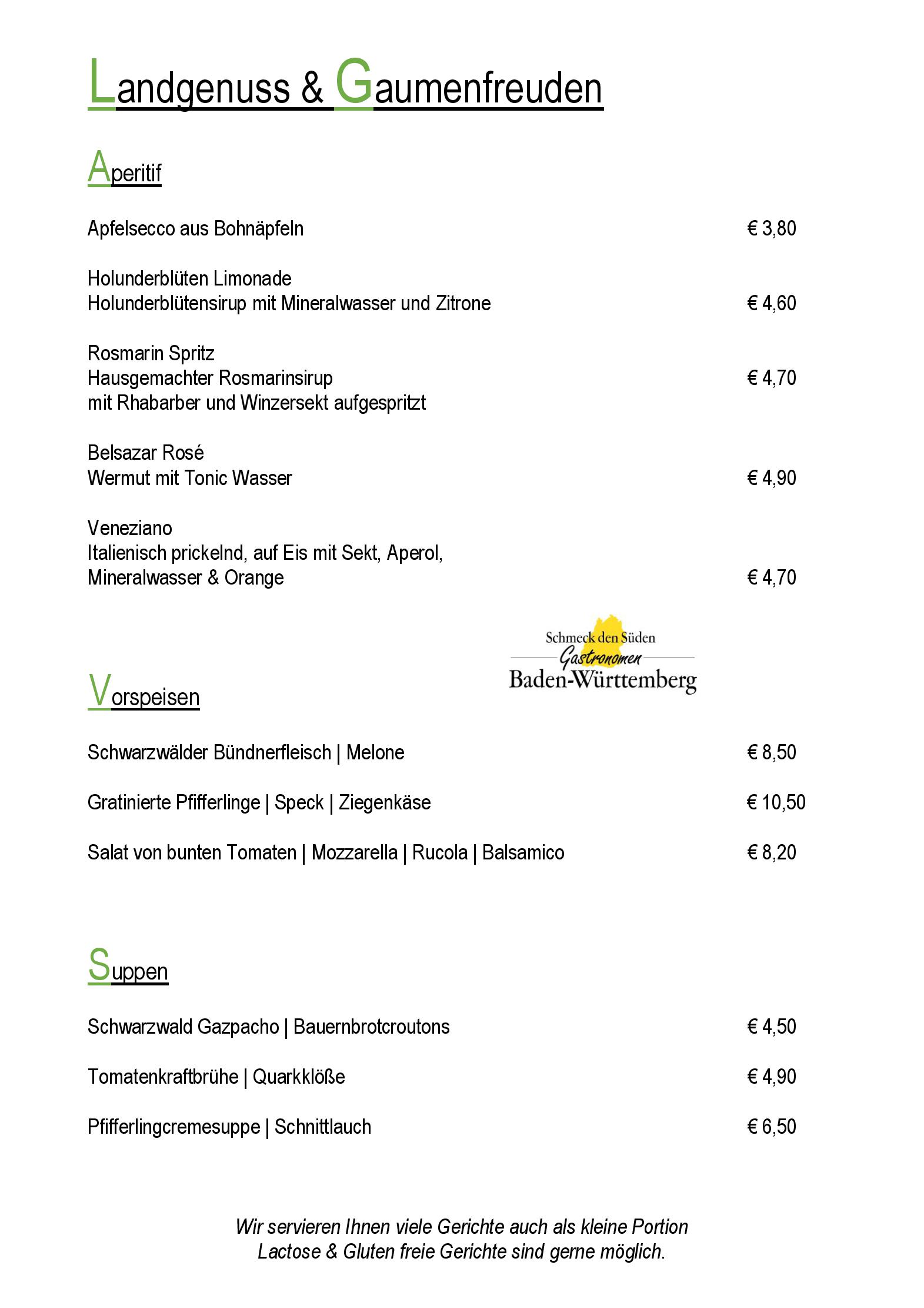 Speisekarte Landlhotel Hirschen in Oberwolfach, Seite 1