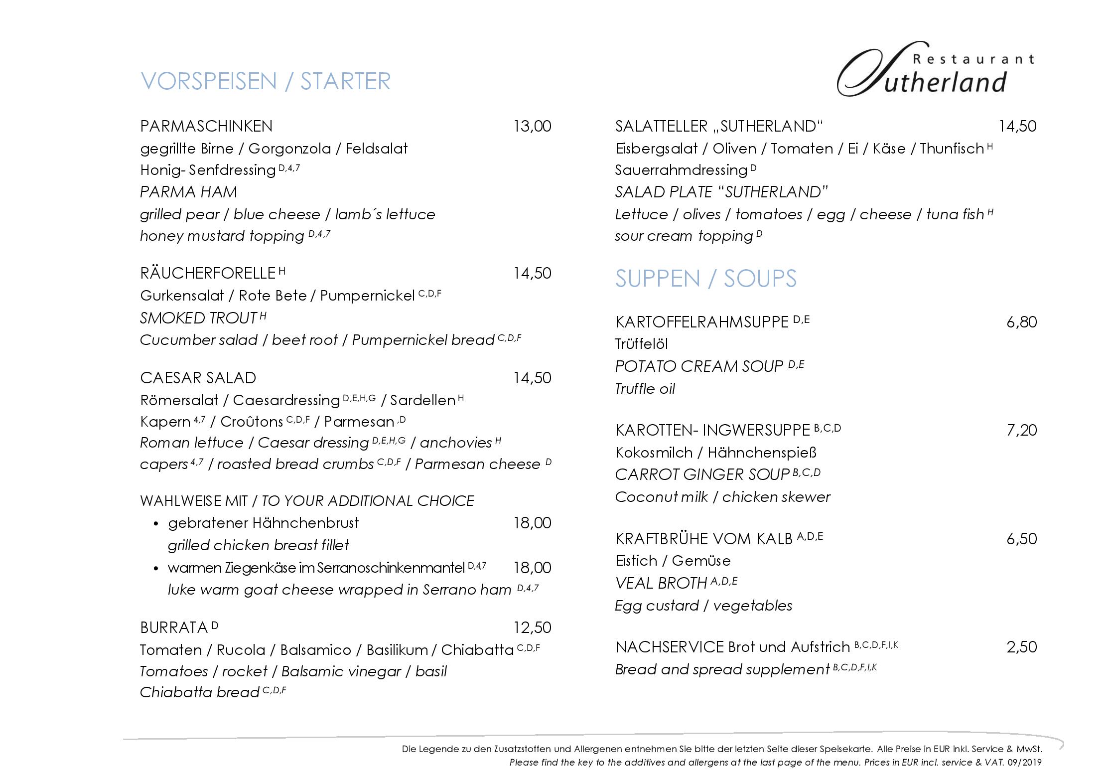 Speisekarte Restaurant Sutherland in Bochum, Seite 1