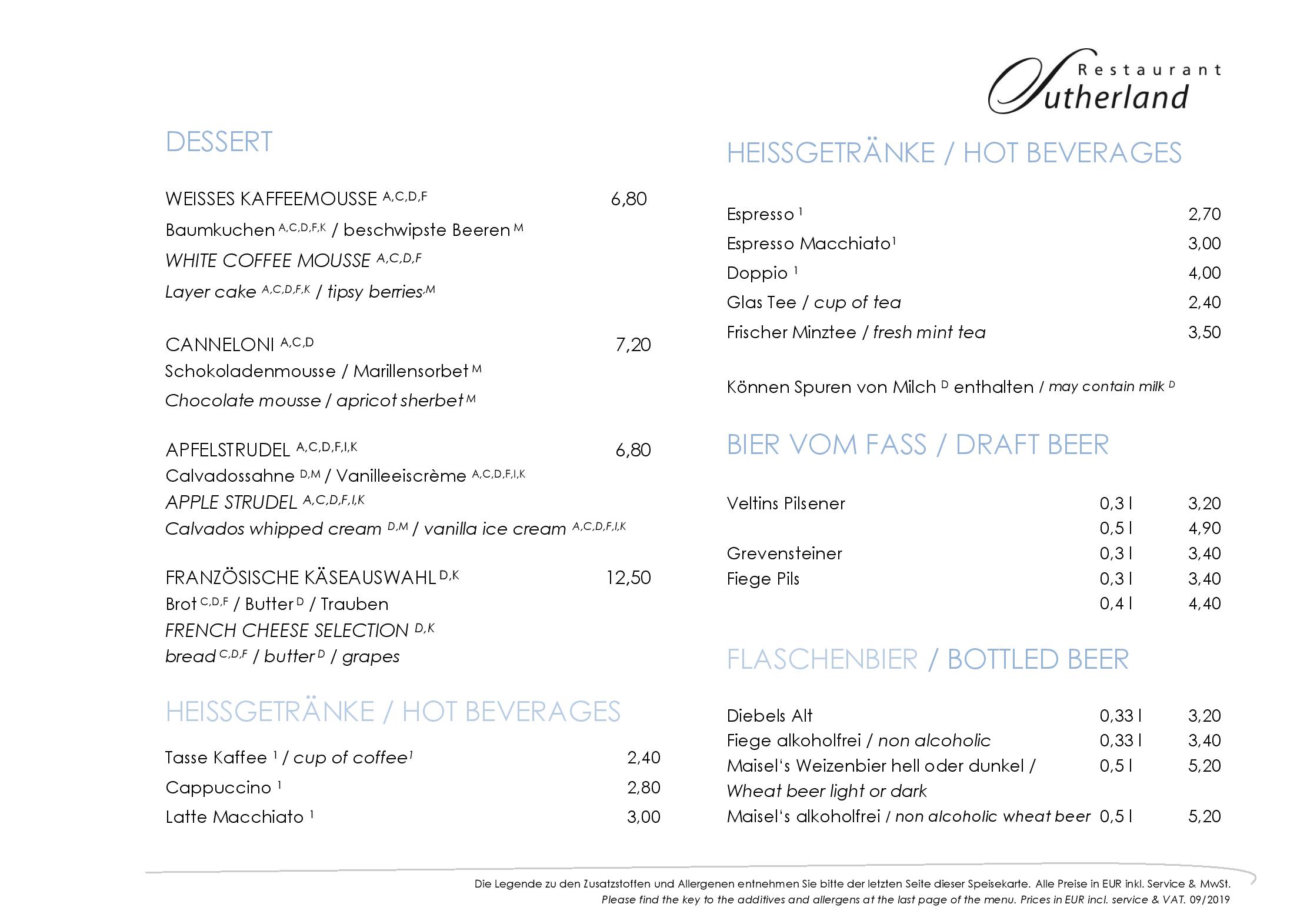 Speisekarte Restaurant Sutherland in Bochum, Seite 4