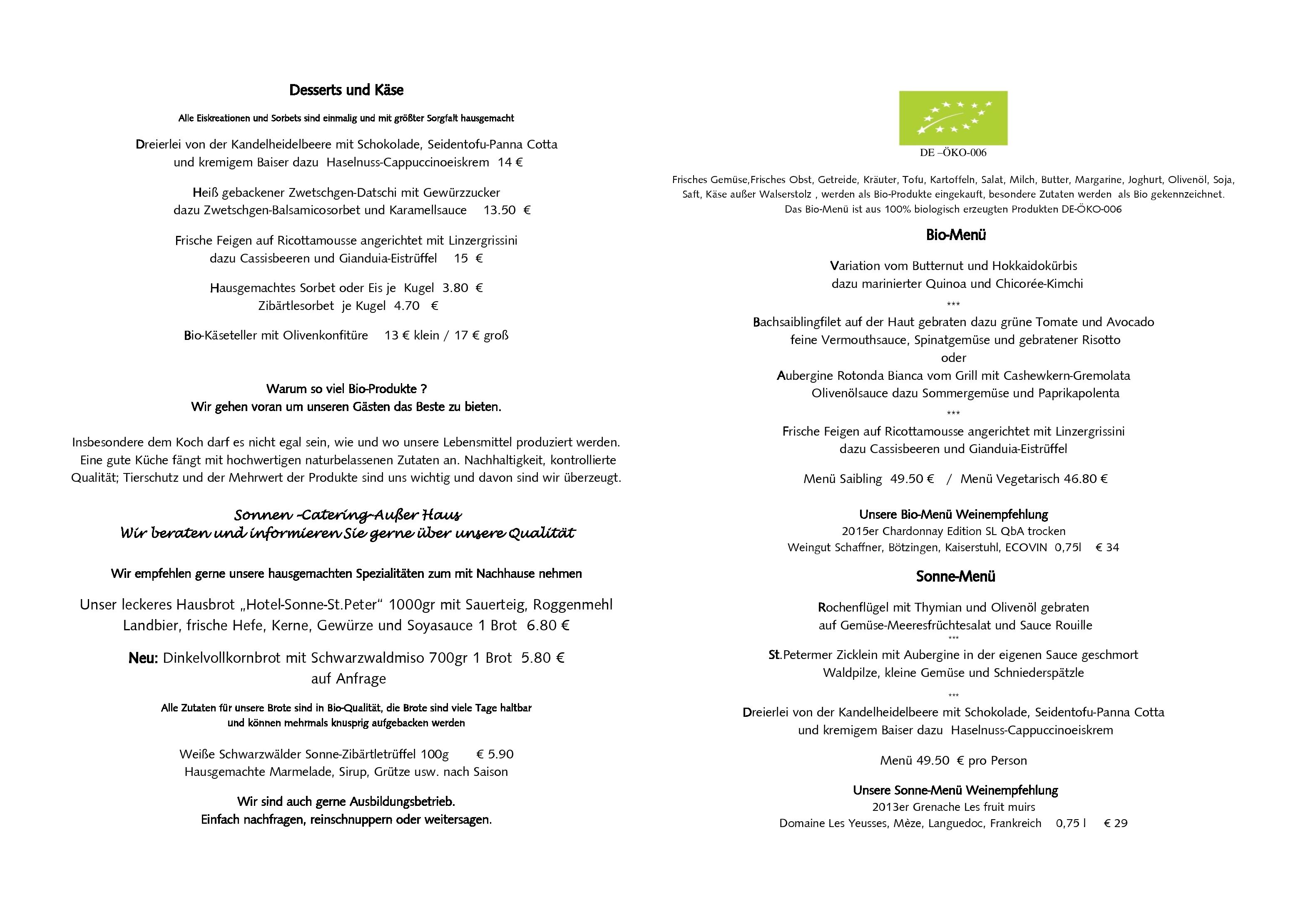 Speisekarte HOTEL-RESTAURANT ZUR SONNE in Sankt Peter, Seite 1