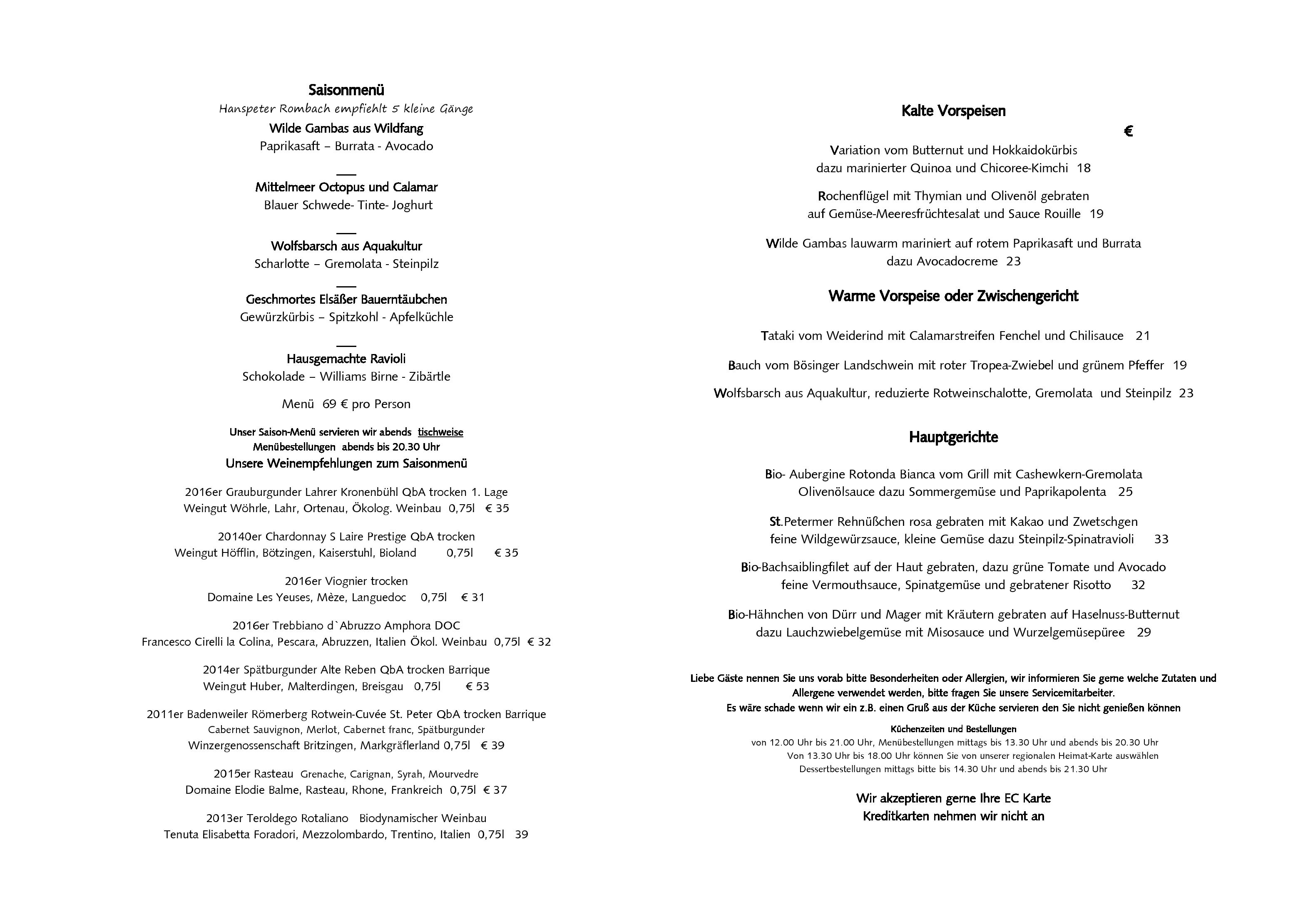 Speisekarte HOTEL-RESTAURANT ZUR SONNE in Sankt Peter, Seite 2