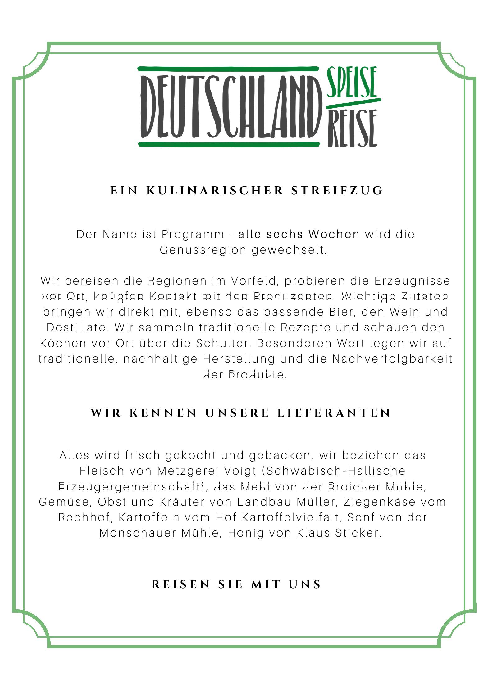 Speisekarte Deutschlandreise in Bonn, Seite 1