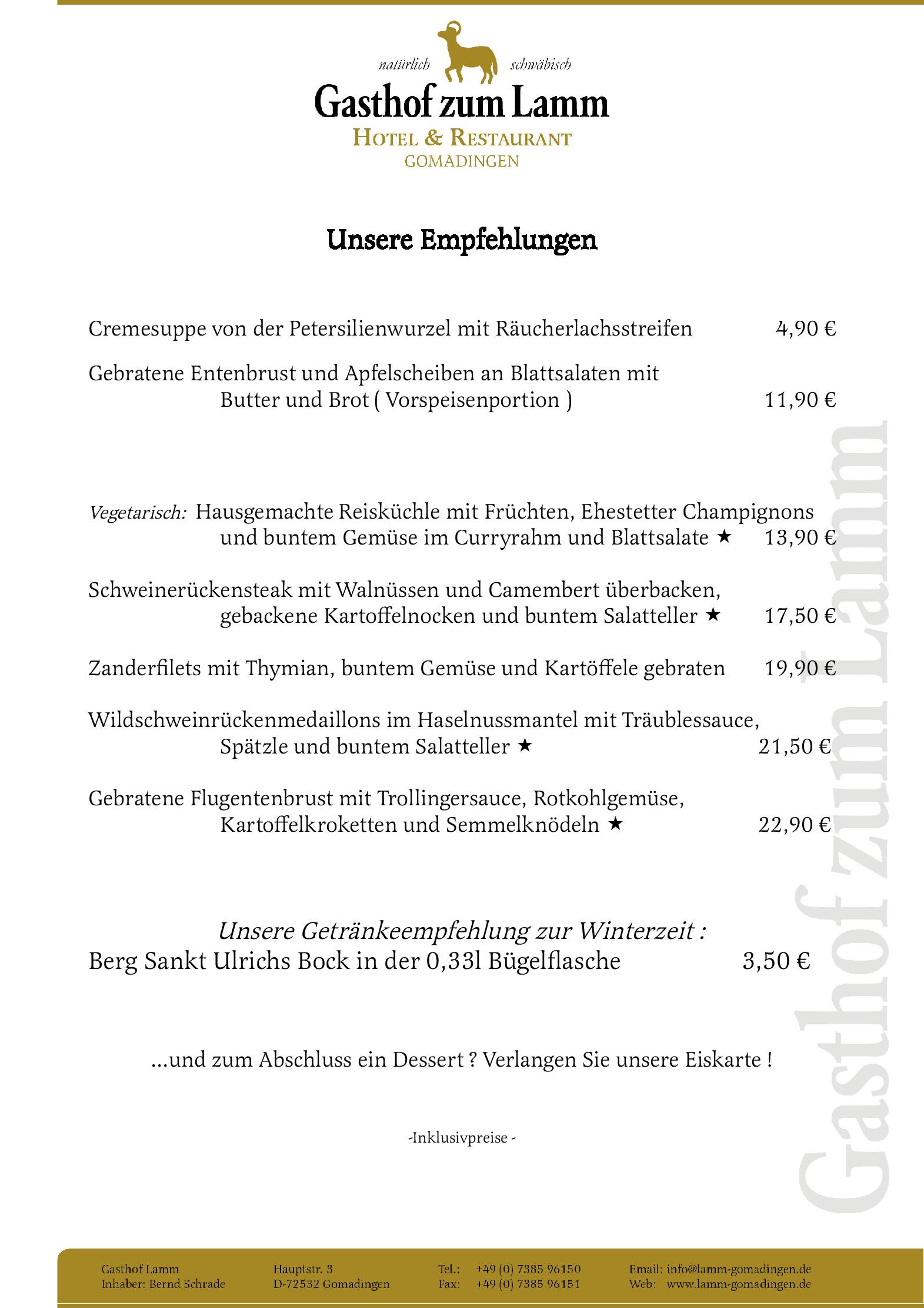 Speisekarte Gasthof zum Lamm in Gomadingen, Seite 1