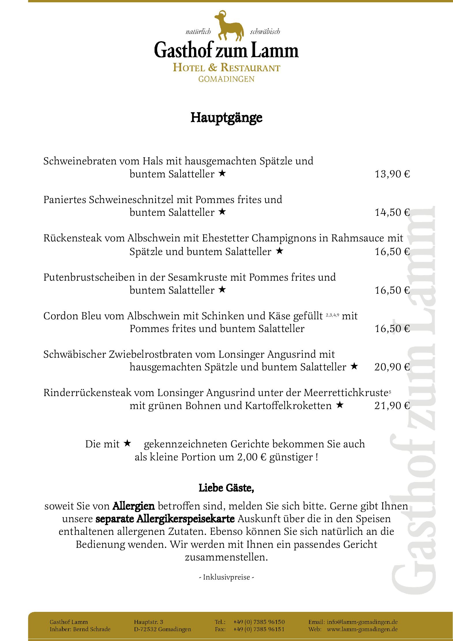 Speisekarte Gasthof zum Lamm in Gomadingen, Seite 2