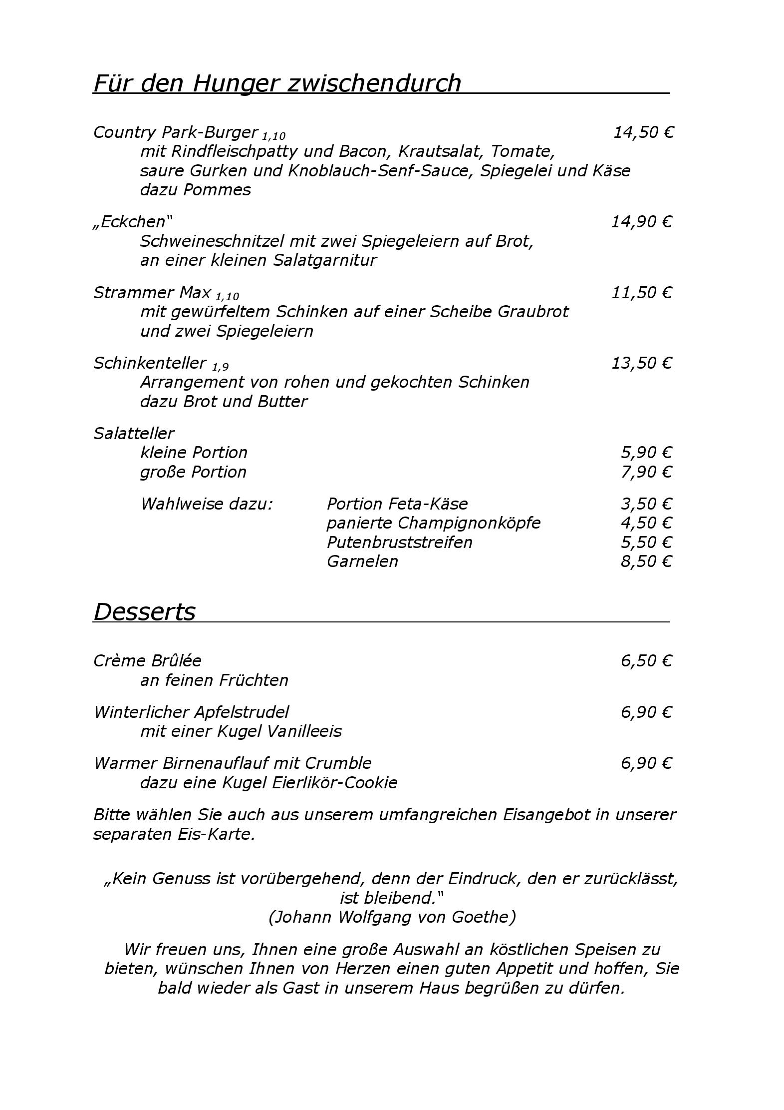 Speisekarte Country Park-Hotel in Brehna, Seite 3