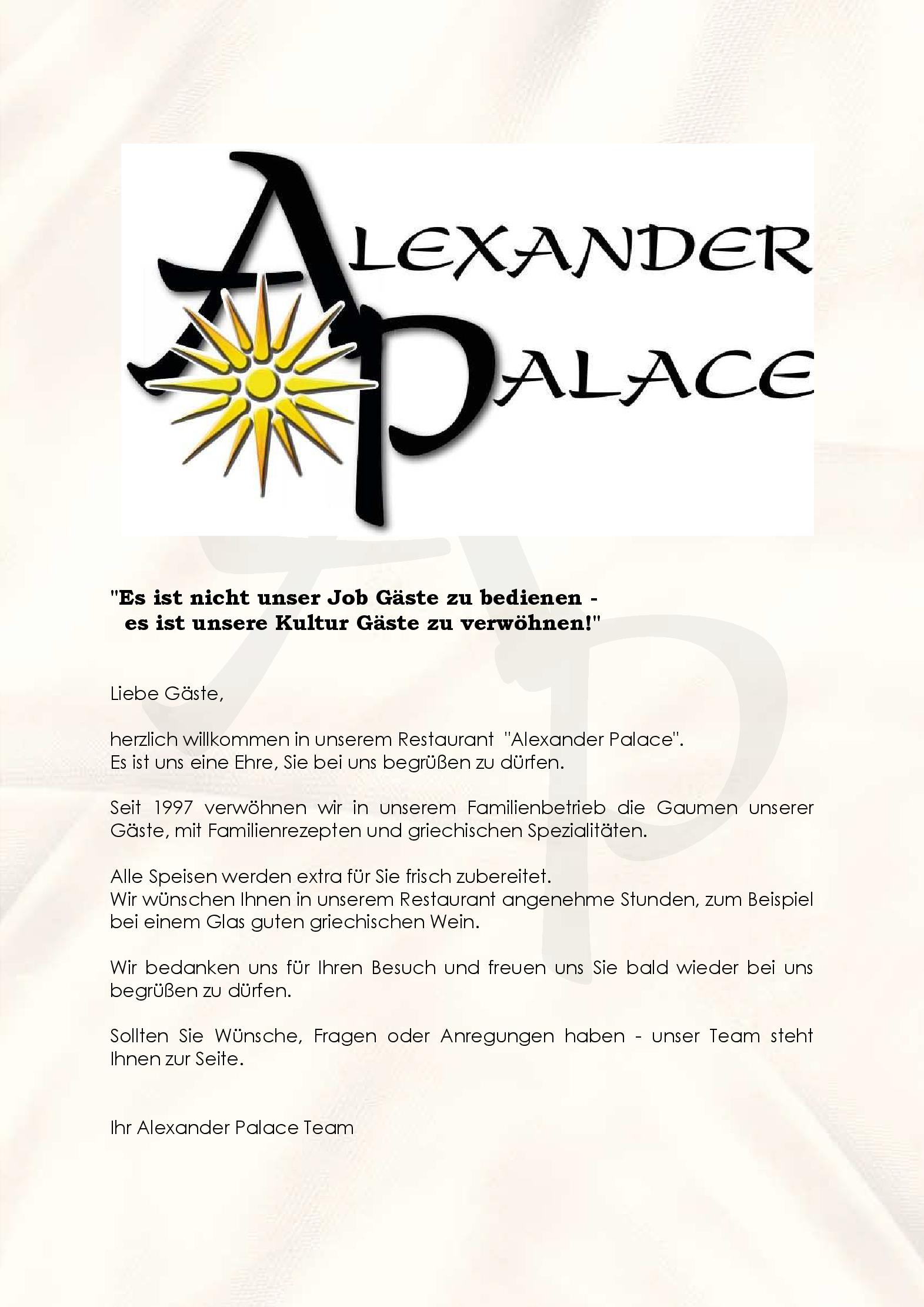 Speisekarte Alexander Palace in Langenfeld, Seite 1