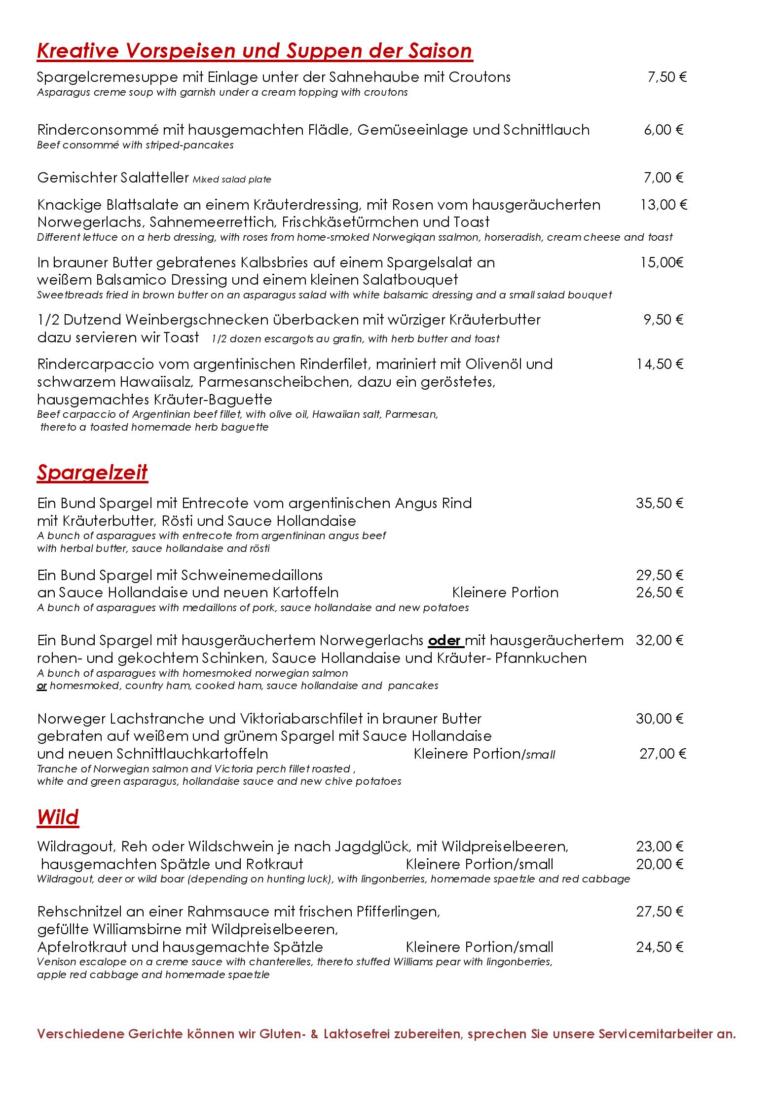 Speisekarte Hotel Restaurant Krone in Schopfheim, Seite 1