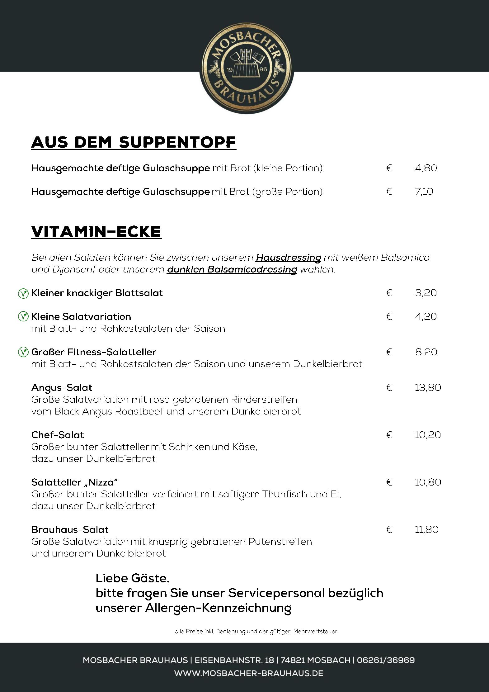 Speisekarte Mosbacher Brauhaus in Mosbach, Seite 1