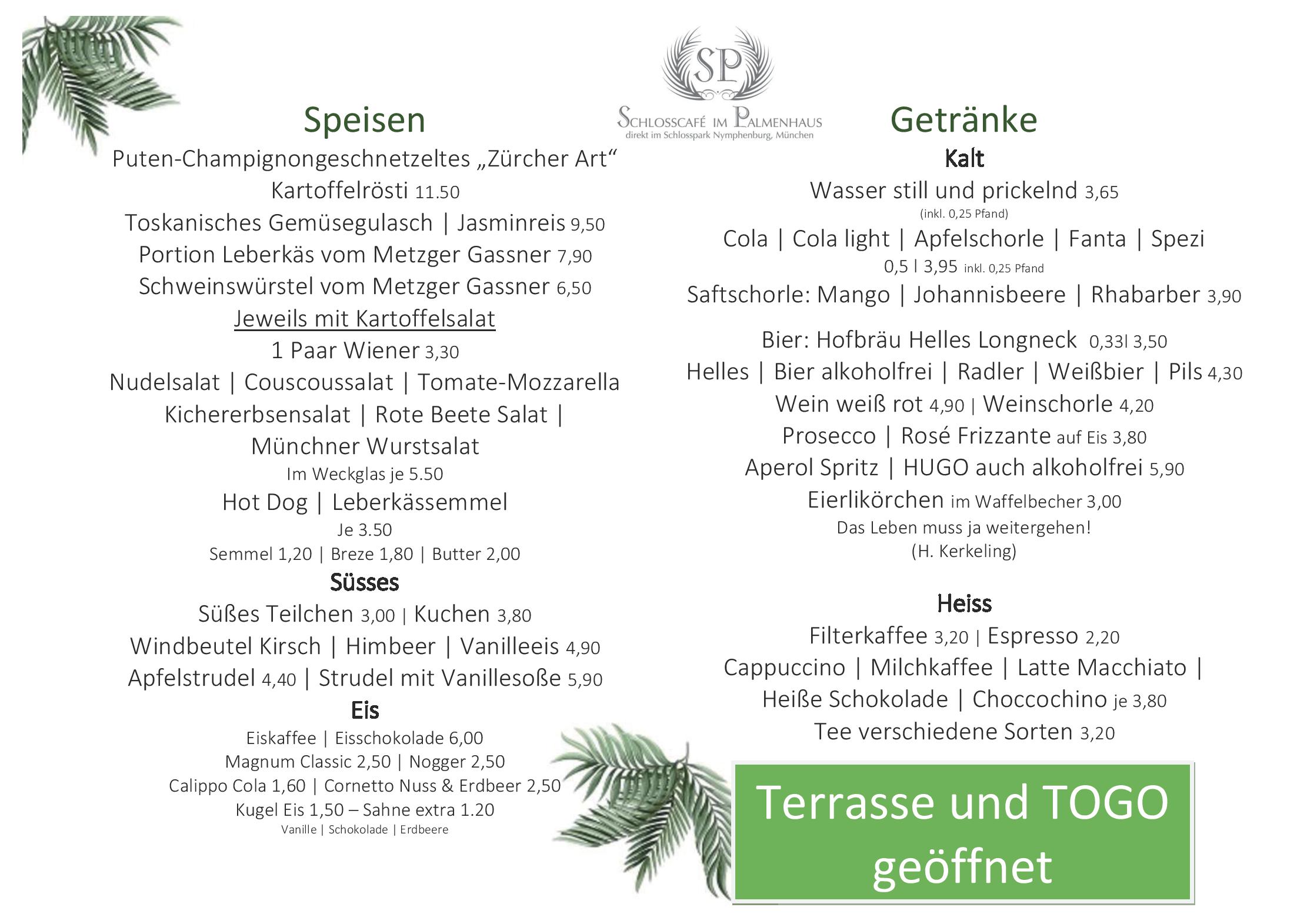 Speisekarte Schlosscafé im Palmenhaus in München, Seite 1