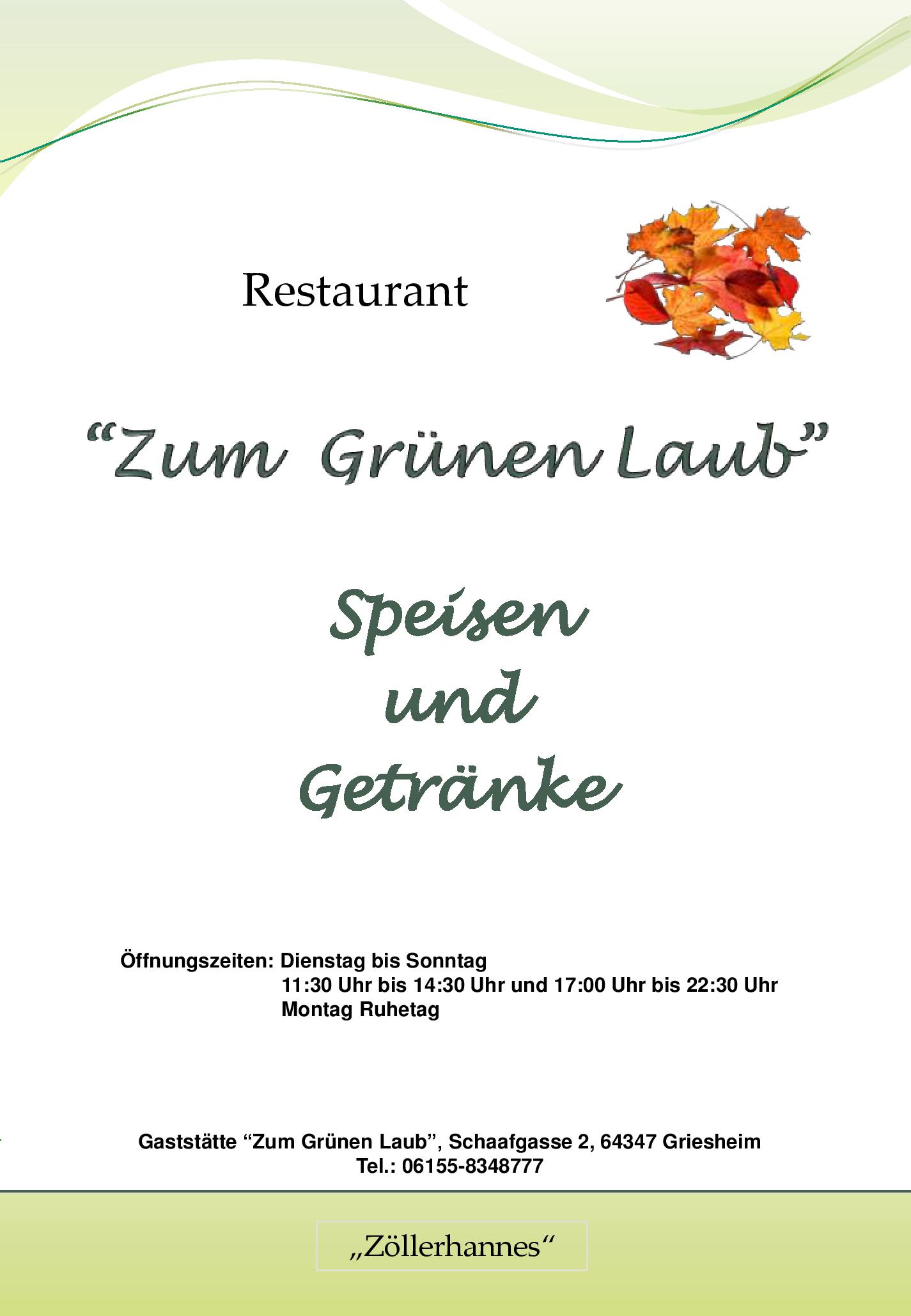 Speisekarte Bürgerhaus Zöllerhannes in Griesheim, Seite 1