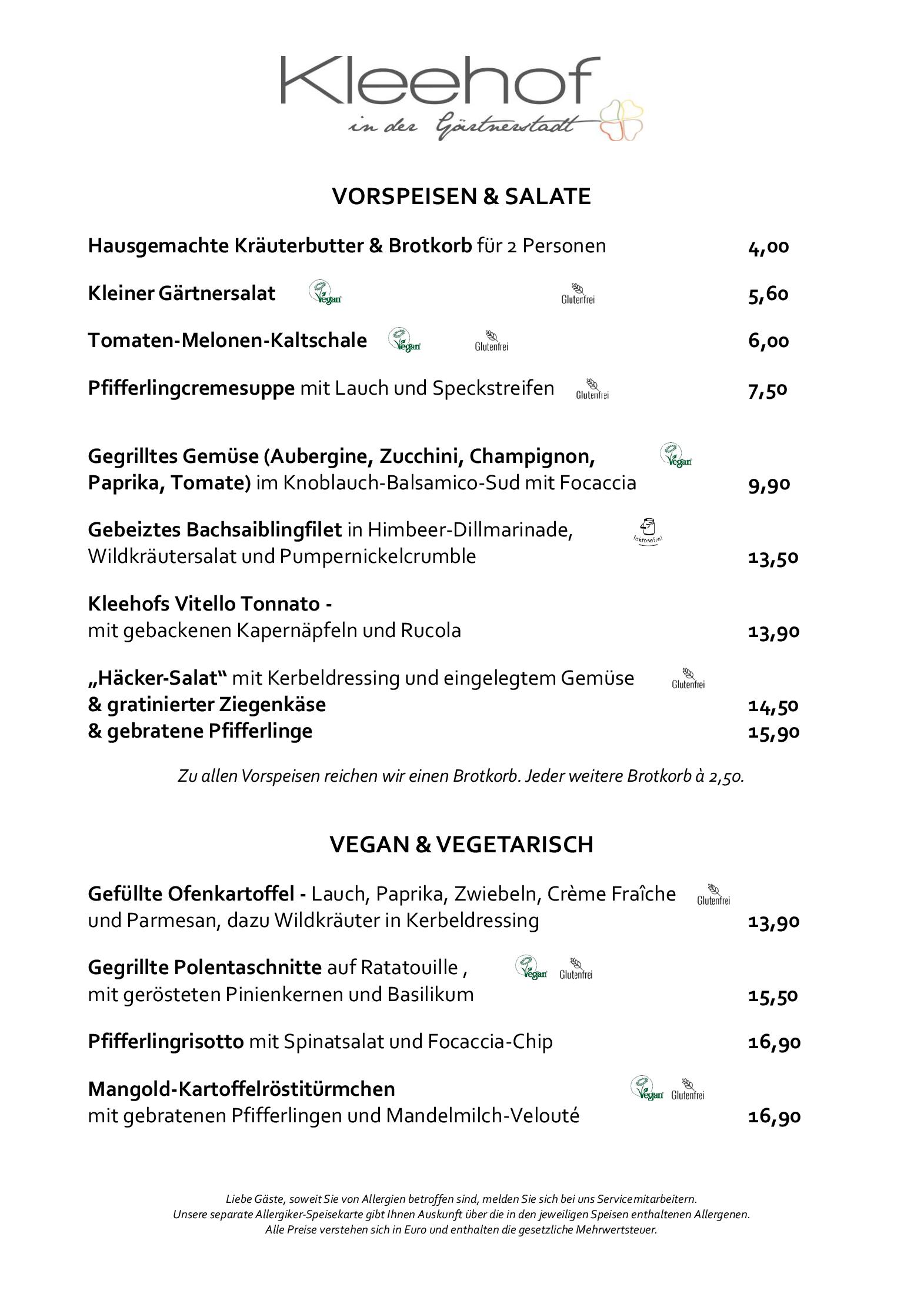 Speisekarte KLEEHOF in der Gärtnerstadt in Bamberg, Seite 1