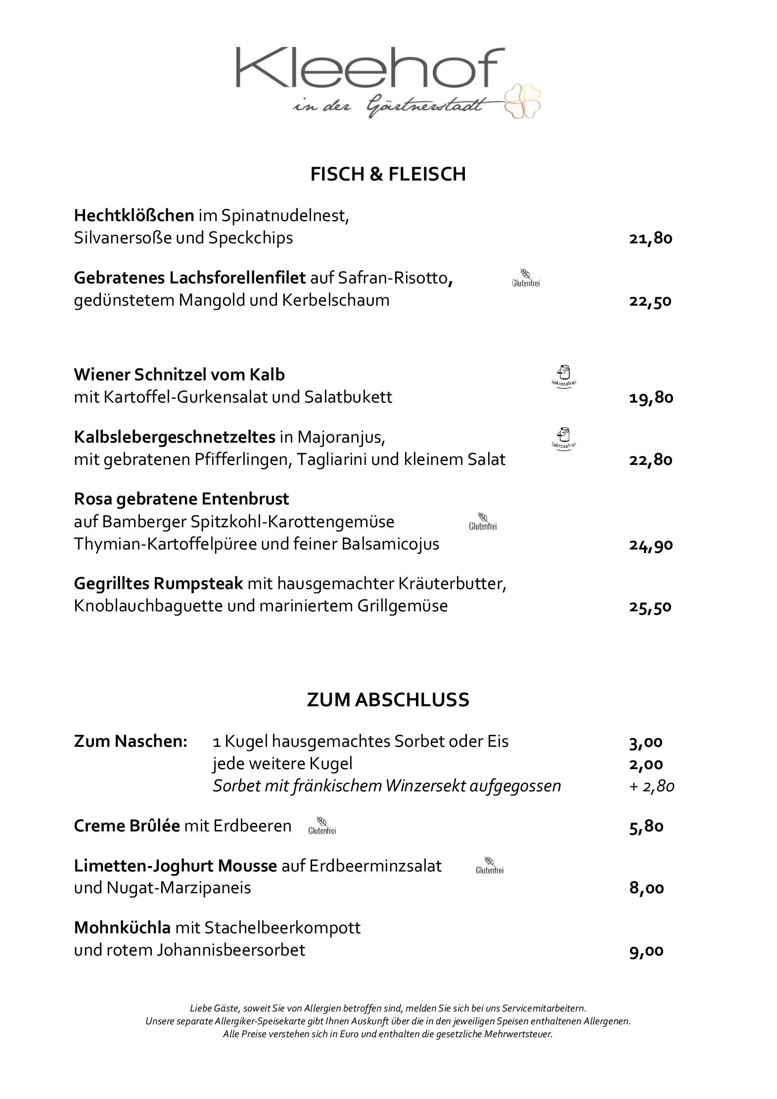 Speisekarte KLEEHOF in der Gärtnerstadt in Bamberg, Seite 2