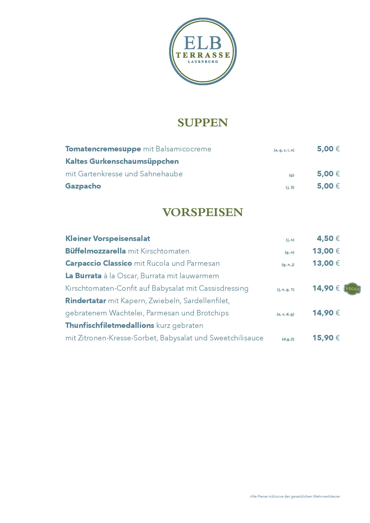 Speisekarte Restaurant Elbterrasse in Lauenburg/Elbe, Seite 1