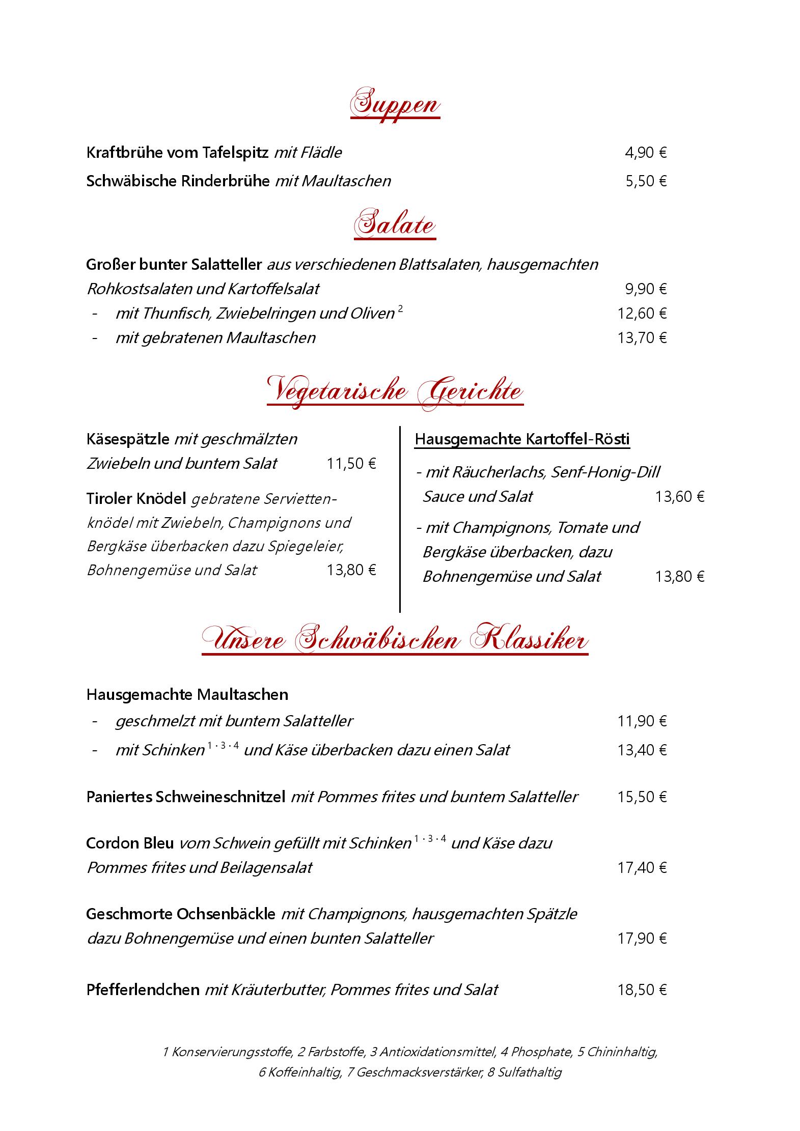 Speisekarte Gasthof Ochsen in Ammerbuch, Seite 1