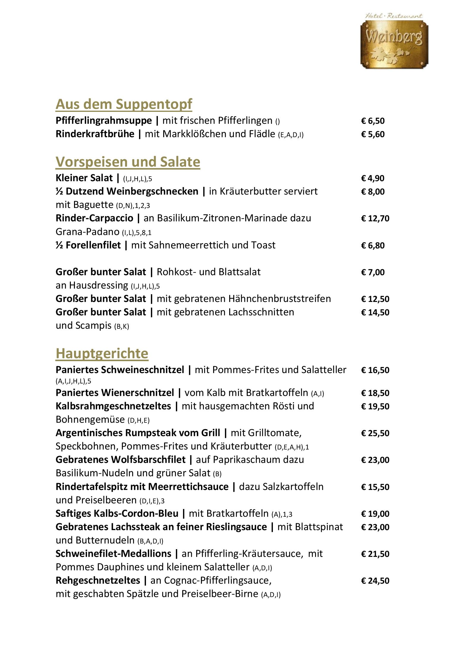 Speisekarte Hotel & Restaurant Weinberg in Baden-Baden, Seite 1