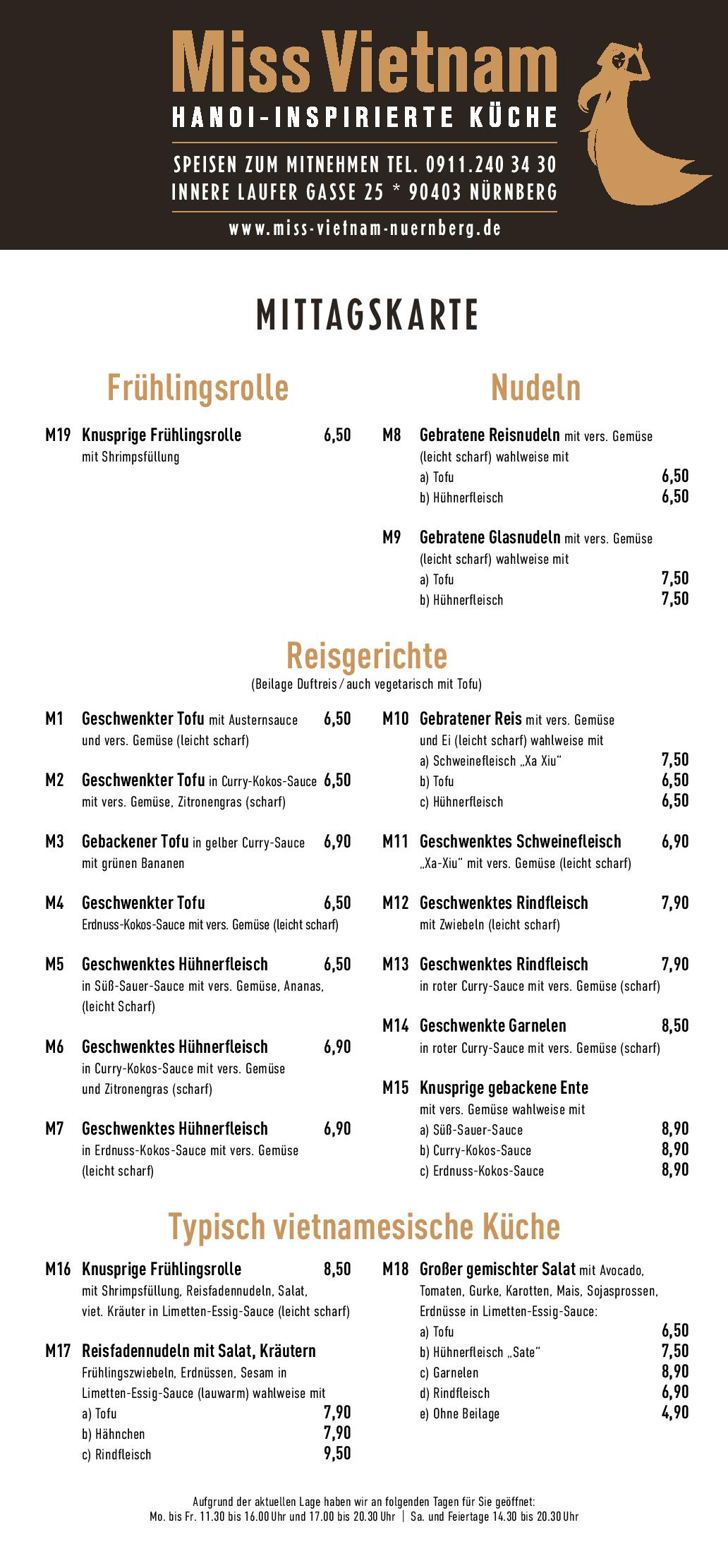 Speisekarte Miss Vietnam in Nürnberg, Seite 1