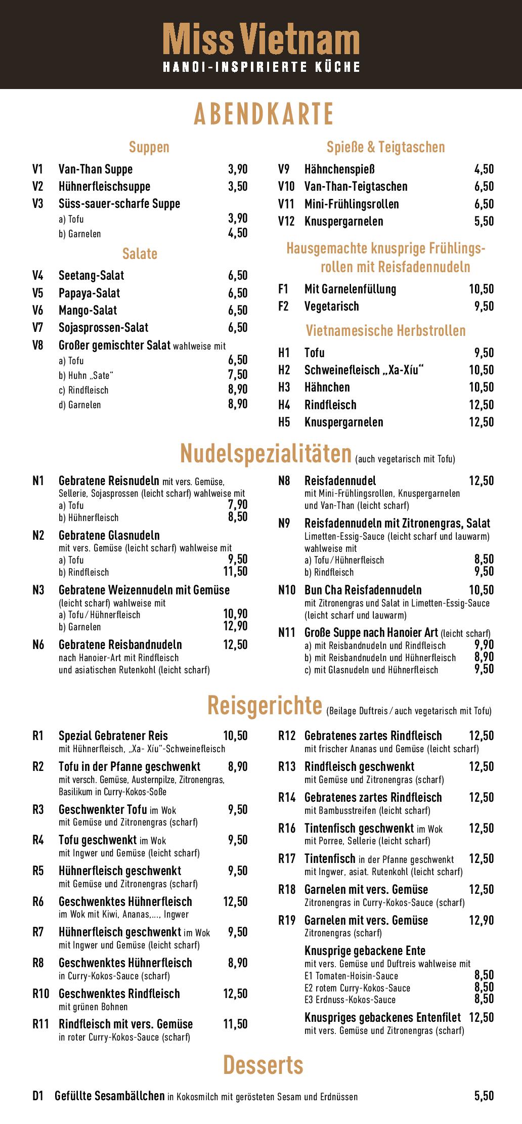 Speisekarte Miss Vietnam in Nürnberg, Seite 2