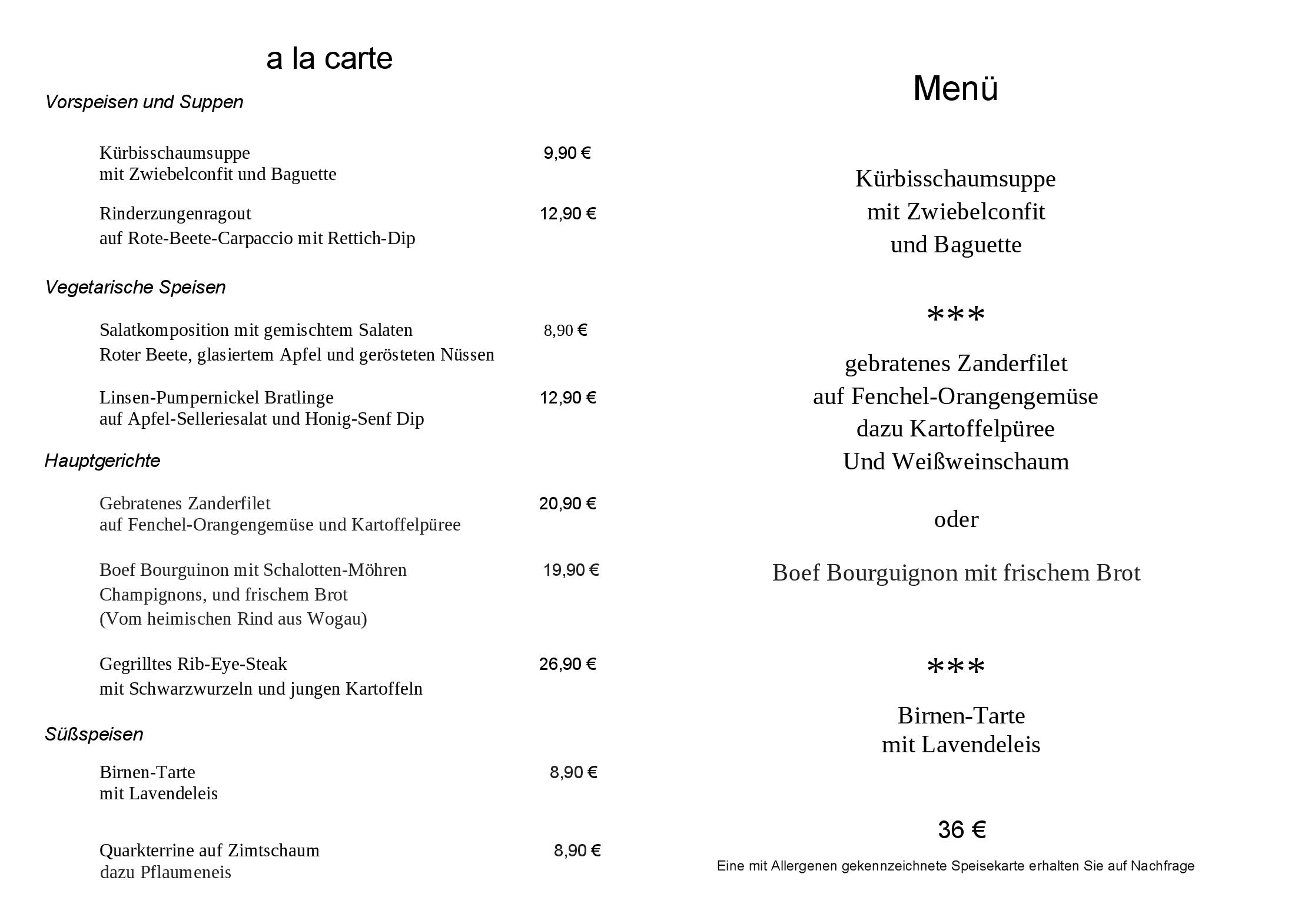 Speisekarte Gastraum Weintanne in Jena, Seite 1
