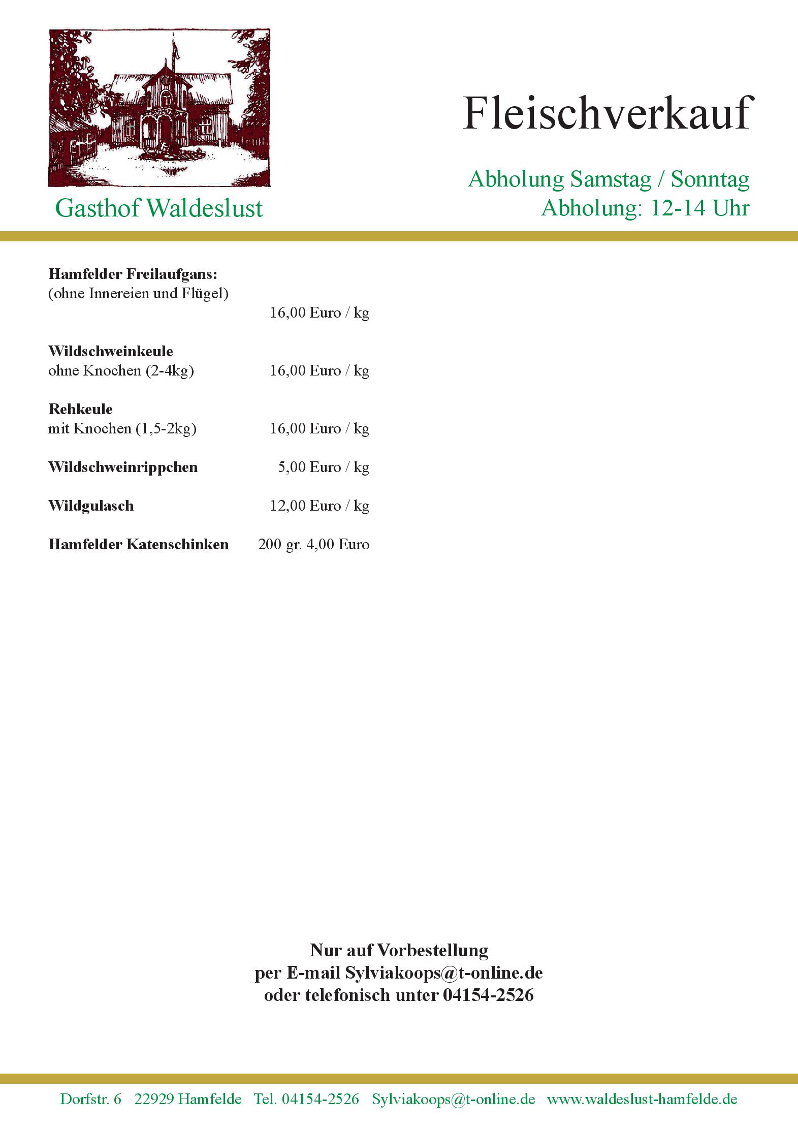 Speisekarte Gasthof Waldeslust in Hamfelde in Holstein, Seite 1