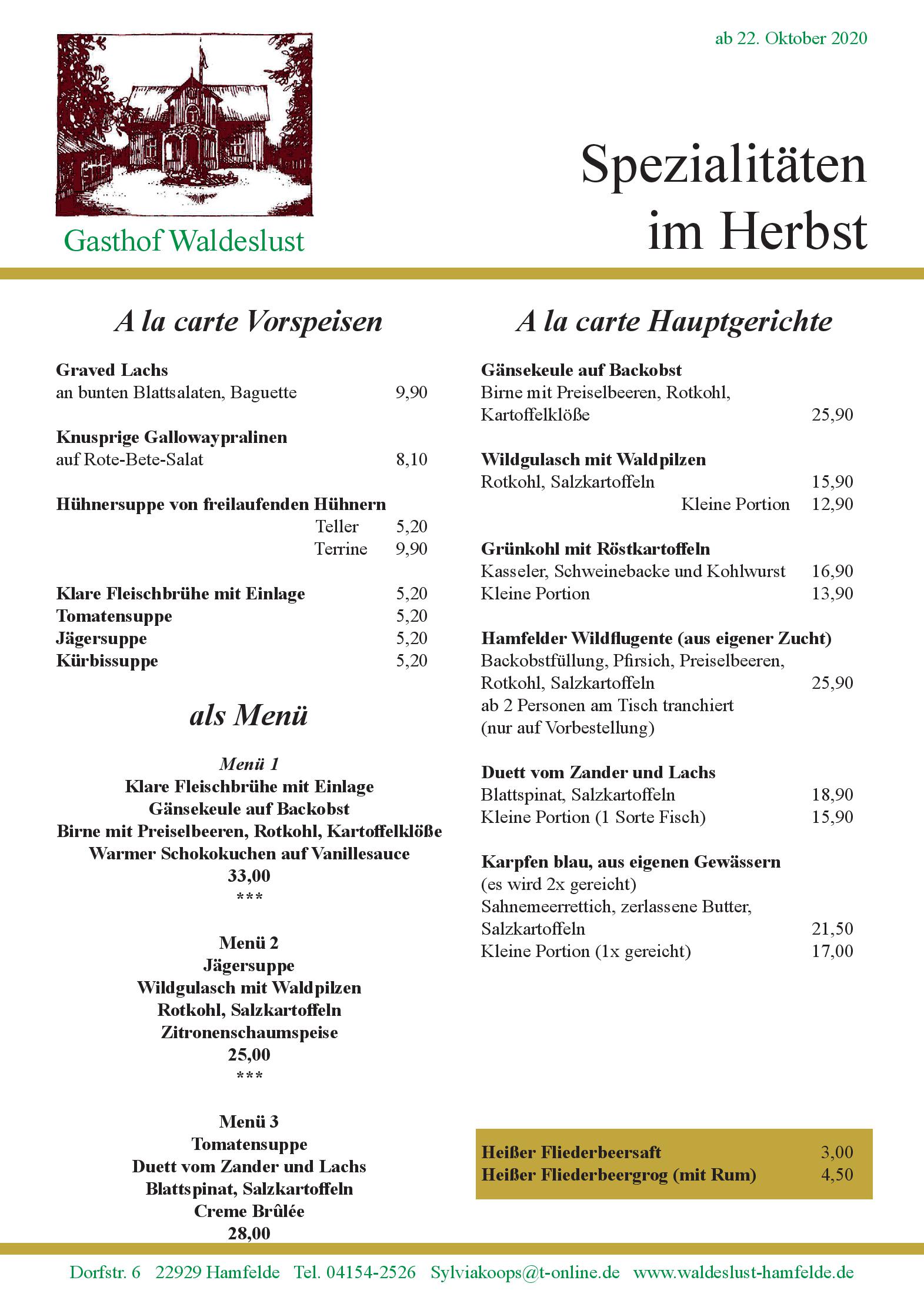 Speisekarte Gasthof Waldeslust in Hamfelde in Holstein, Seite 2