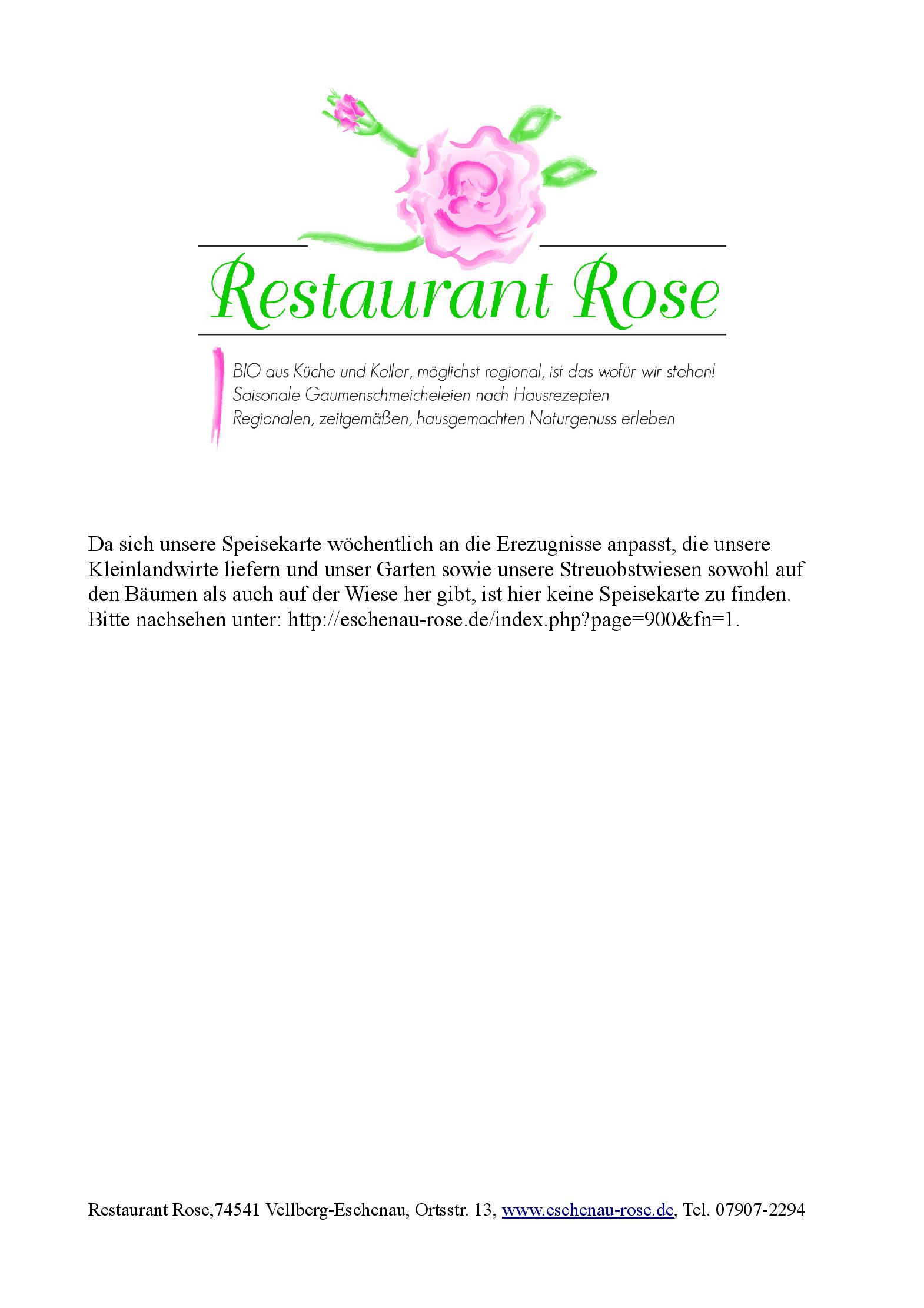 Speisekarte Restaurant Rose in Vellberg, Seite 1