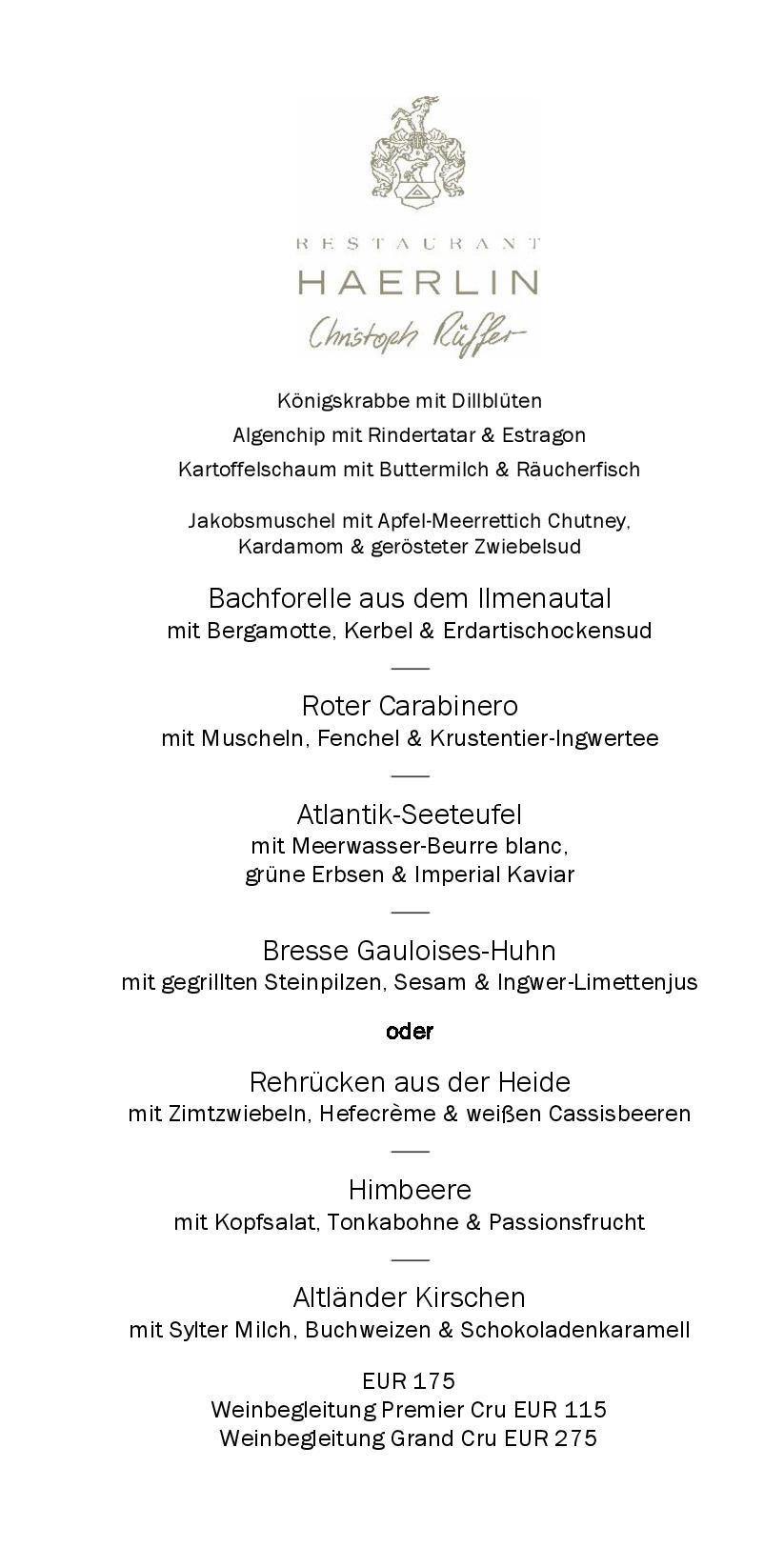 Speisekarte Restaurant Haerlin in Hamburg, Seite 1