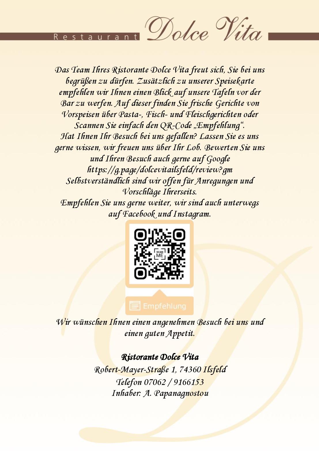 Speisekarte Dolce Vita Restaurant in Ilsfeld, Seite 1