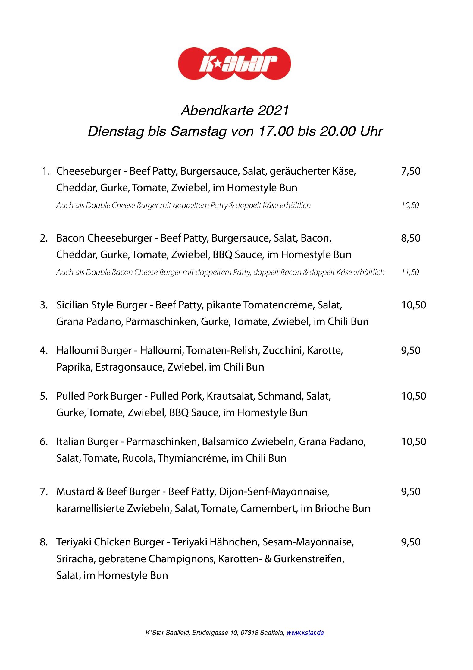 Speisekarte K*Star in Saalfeld/Saale, Seite 1