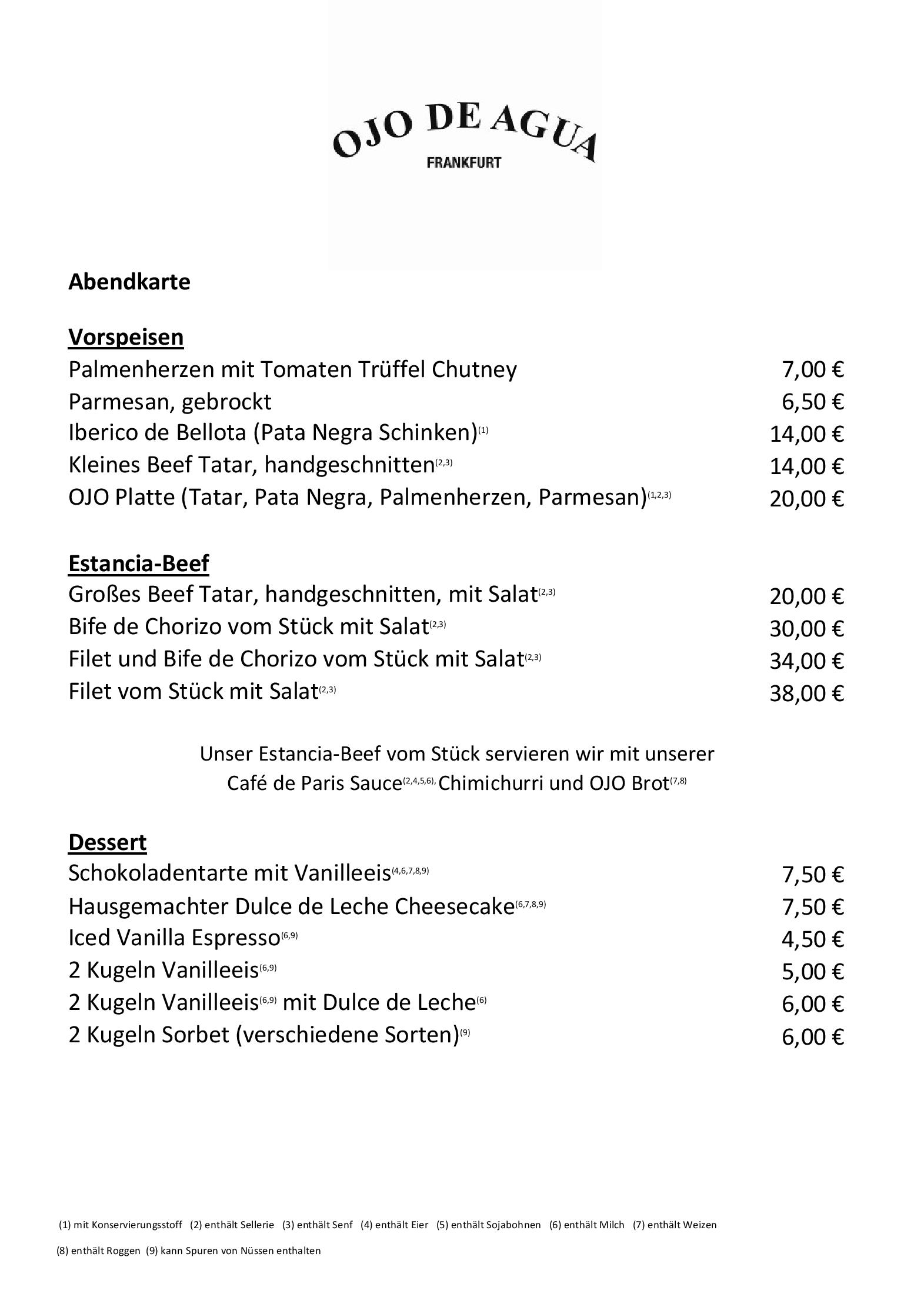 Speisekarte Ojo de Agua Wine & Beef Kontor in Frankfurt, Seite 1