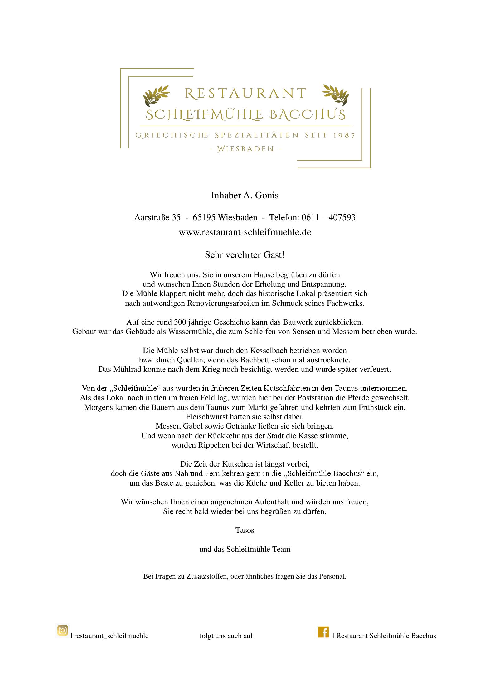 Speisekarte Restaurant Schleifmühle Bacchus in Wiesbaden, Seite 1
