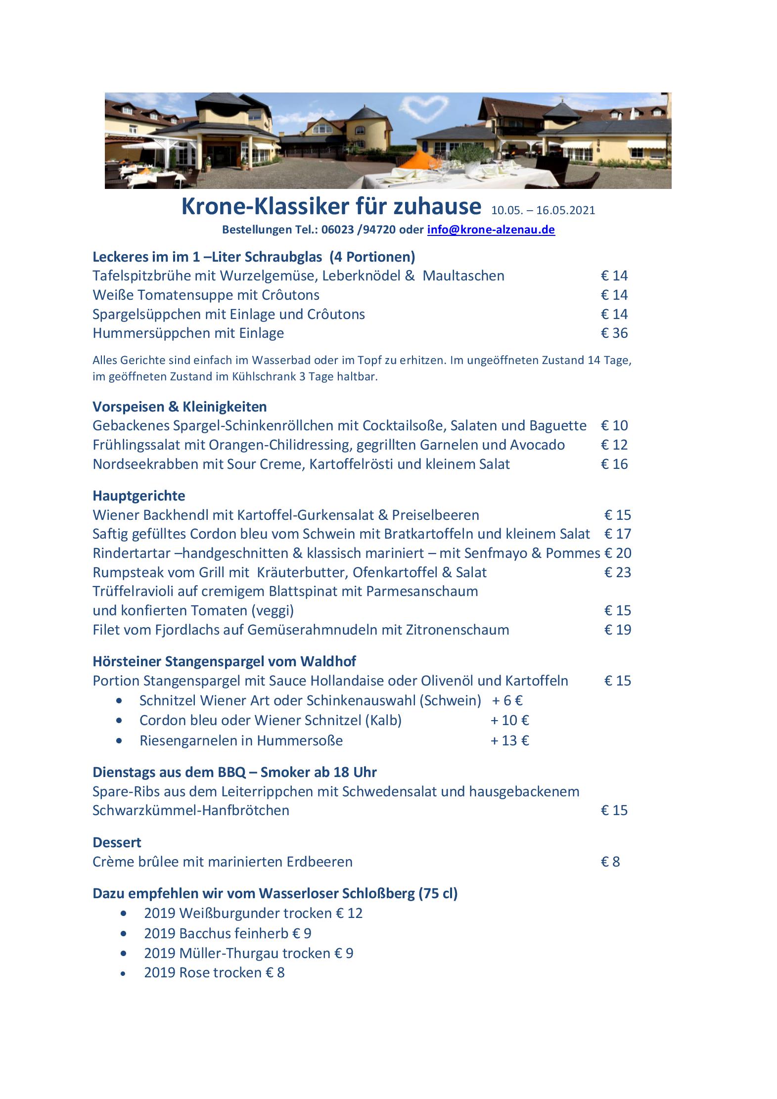 Speisekarte Hotel Krone in Alzenau in Unterfranken, Seite 1