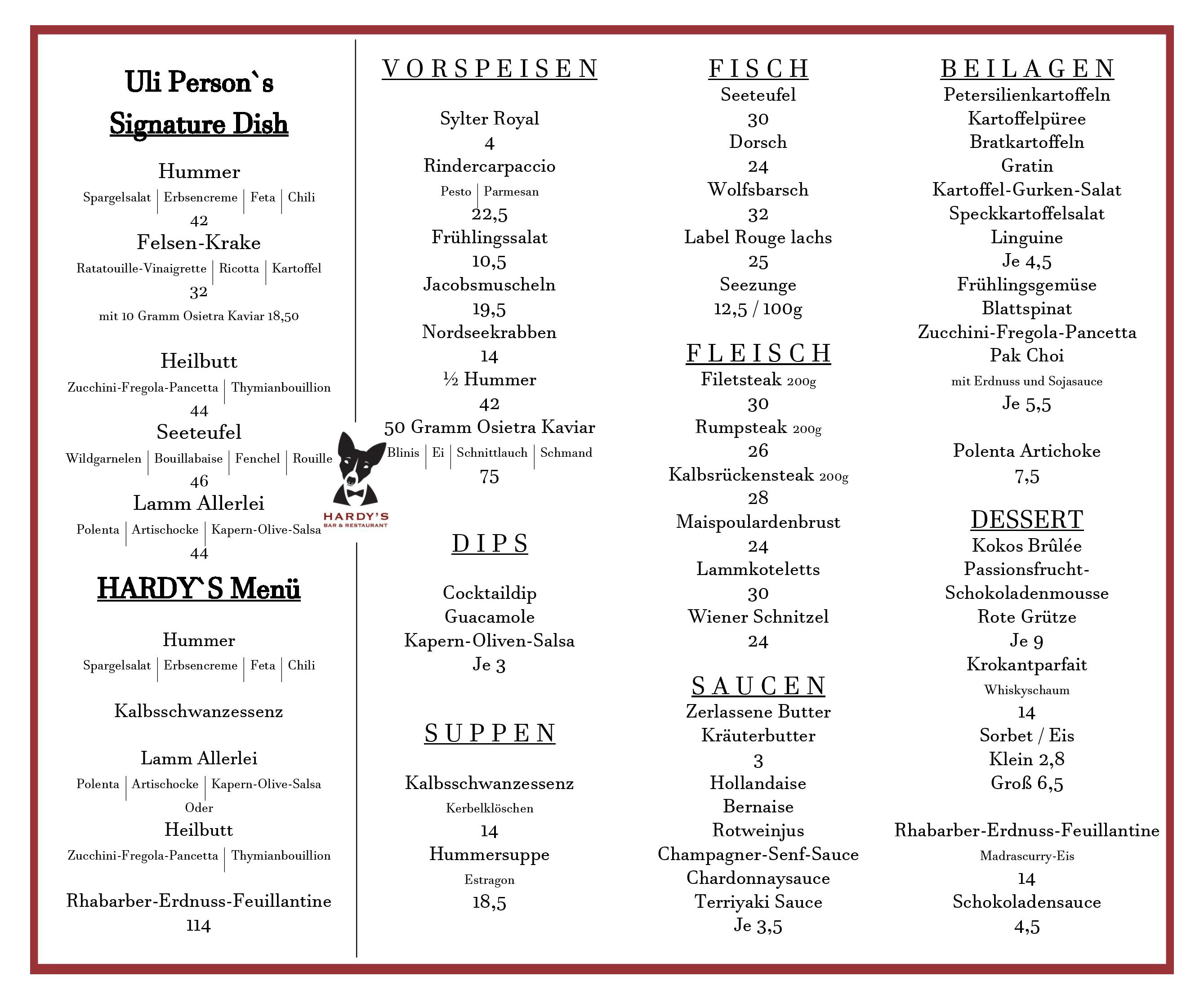 Speisekarte HARDY'S Bar & Restaurant in Westerland, Seite 1