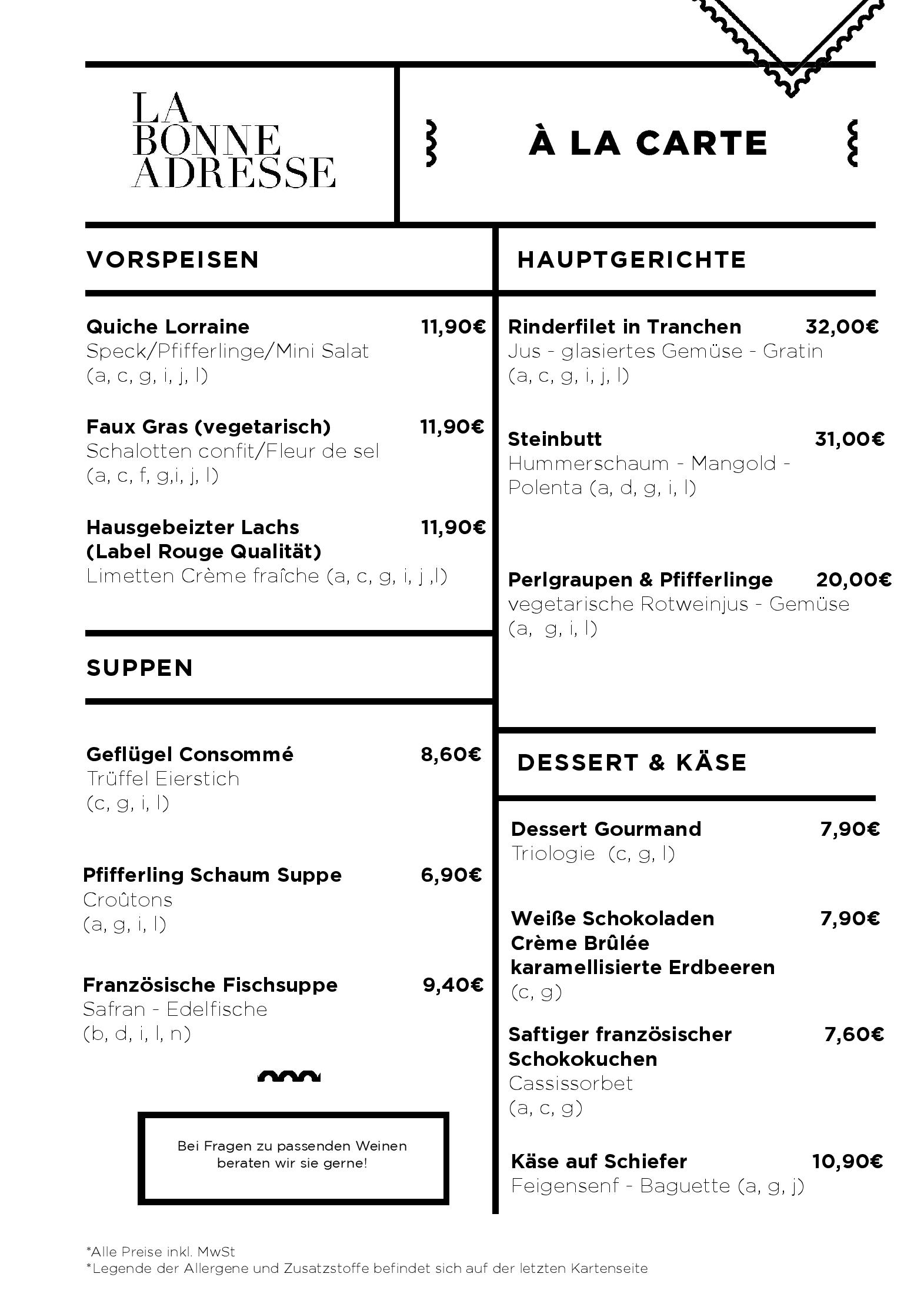 Speisekarte Restaurant la Bonne Adresse in Bernkastel-Kues, Seite 1