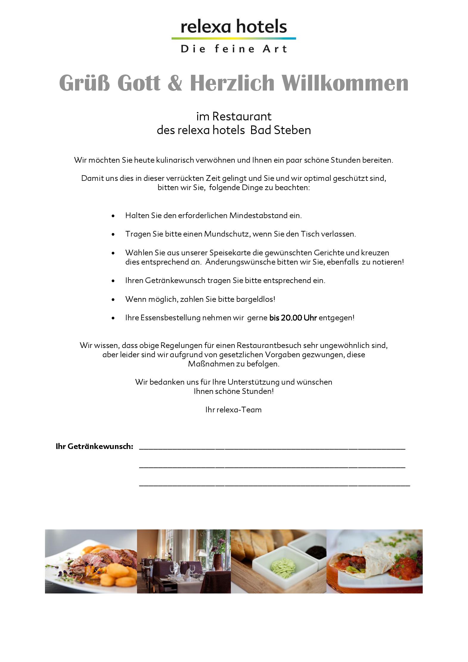 Speisekarte relexa hotel Bad Steben GmbH in Bad Steben, Seite 1