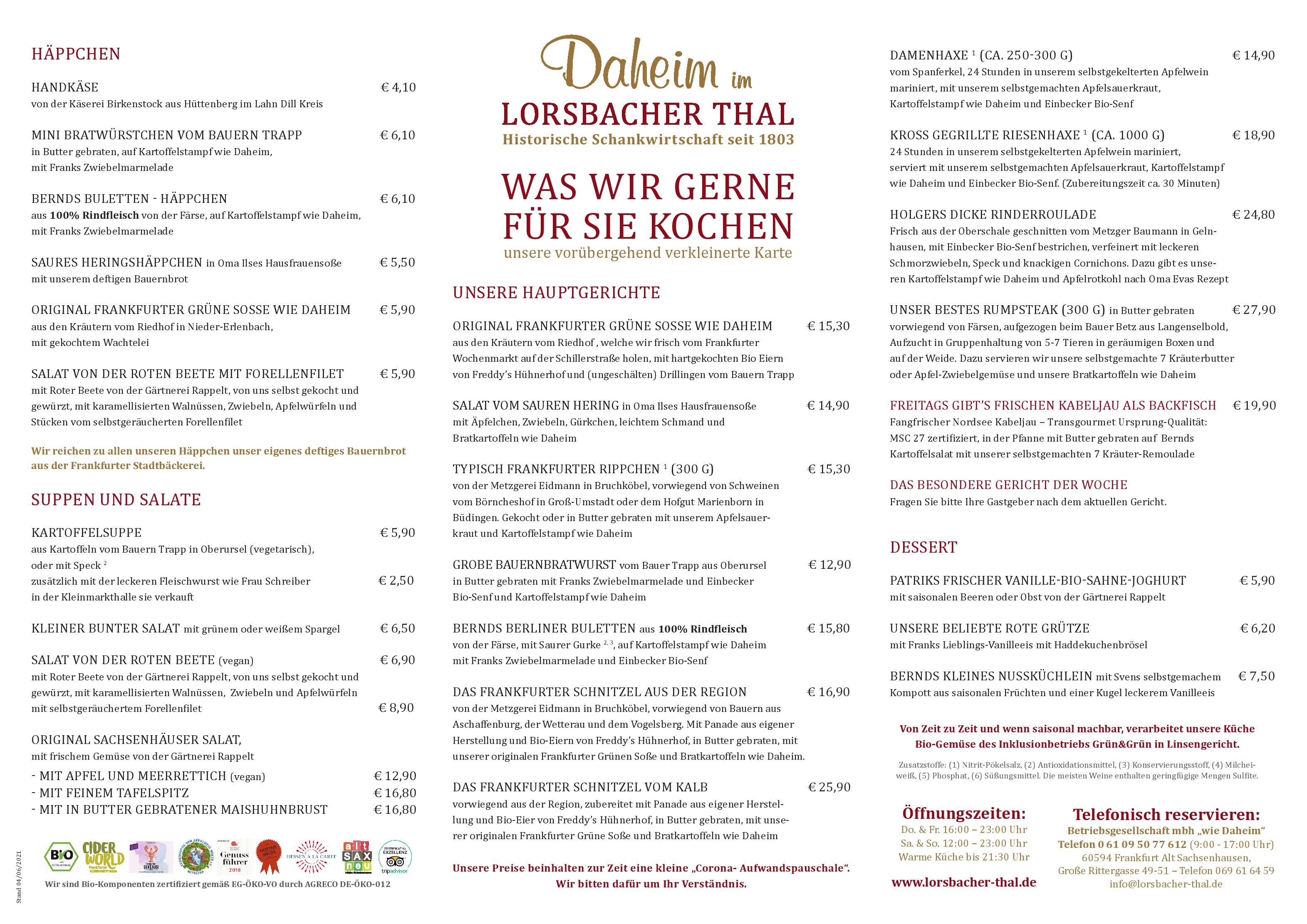 Speisekarte DAHEIM im Lorsbacher Tal in Frankfurt am Main, Seite 1