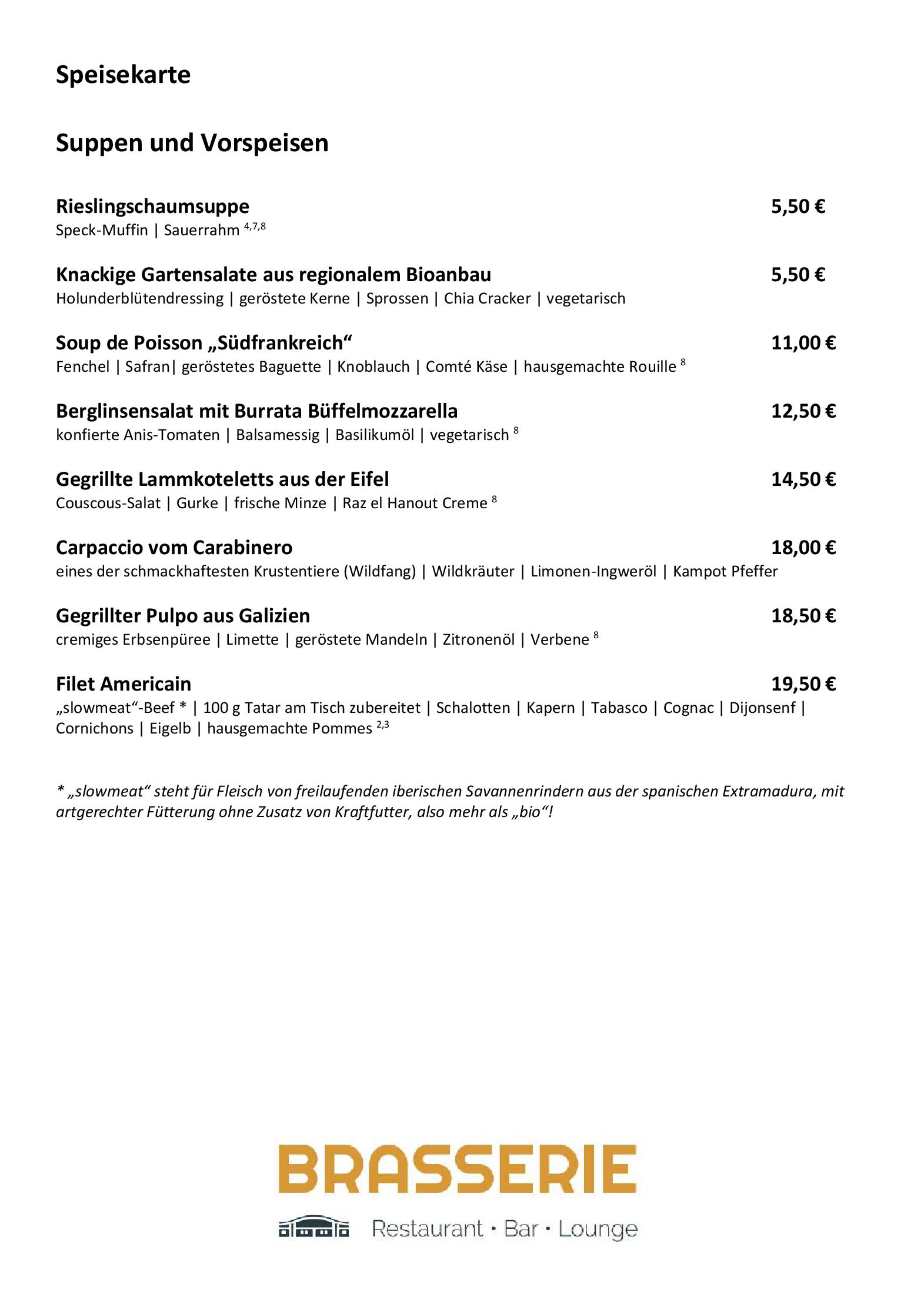 Speisekarte BRASSERIE: Restaurant - Bar - Lounge an der Alten Mälzerei in Mosbach, Seite 1